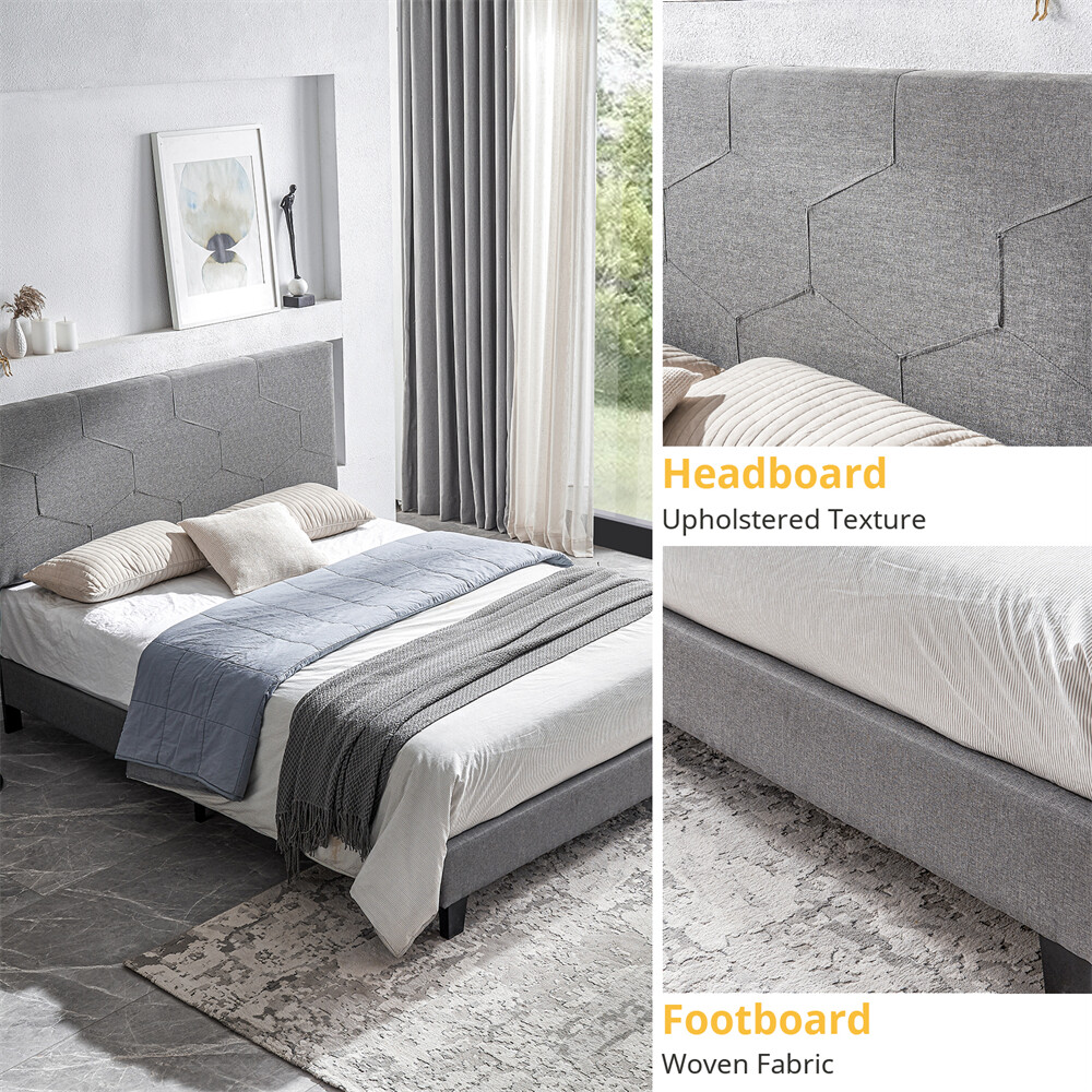 Queen Size Upholstered Platform Bed Frame with Wood Slat Support, Easy Assembly