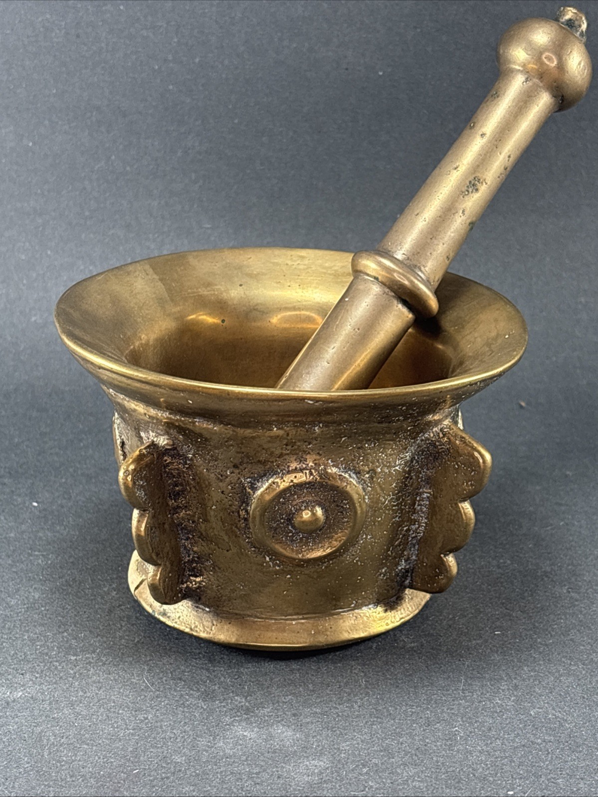 Heavy Brass Antique Mortar and Pestle – Large, 3.5” Tall, 5.5” Diameter, 6.5 lbs