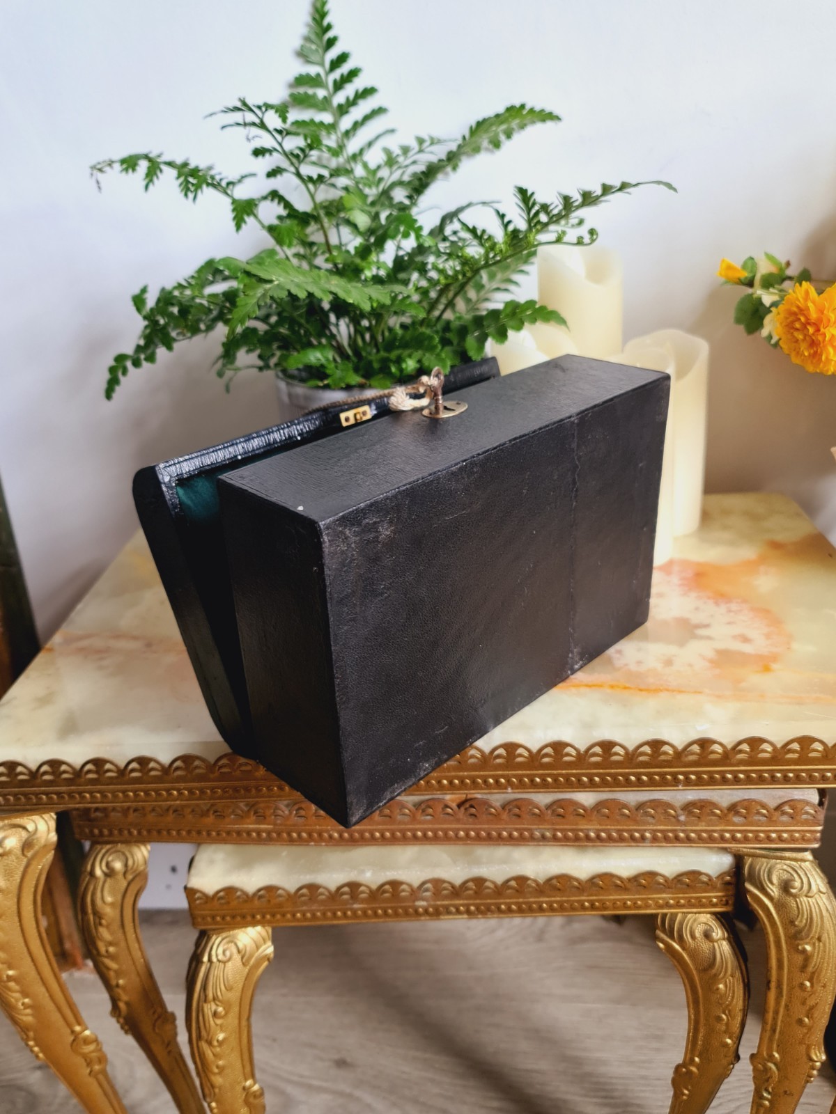 Antique Leather Trim Box Jewellery Trinket Case Victorian Black with Key