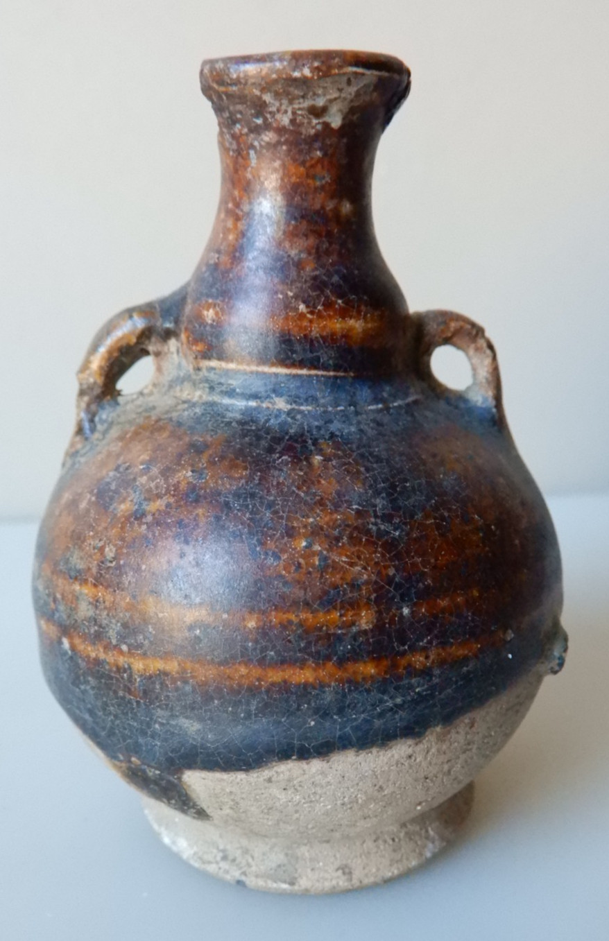 Sukhothai Kingdom 2-Handle Jarlet 3″ Tall; Sawankhalok, Thailand.c. 1400s