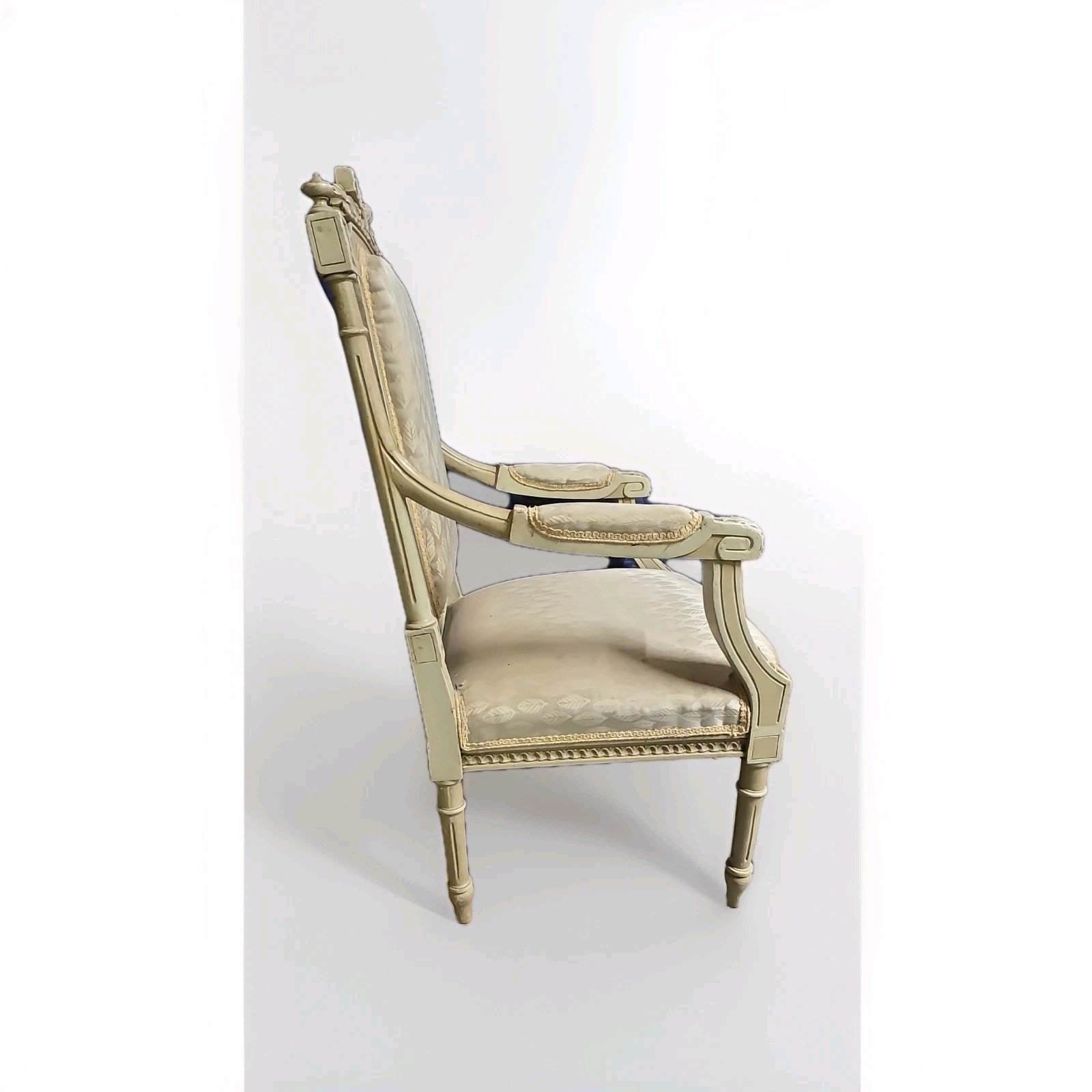 Antique Louis XVI Style Upholstered Armchair Leaf Pattern Cream Ornate Woodwork