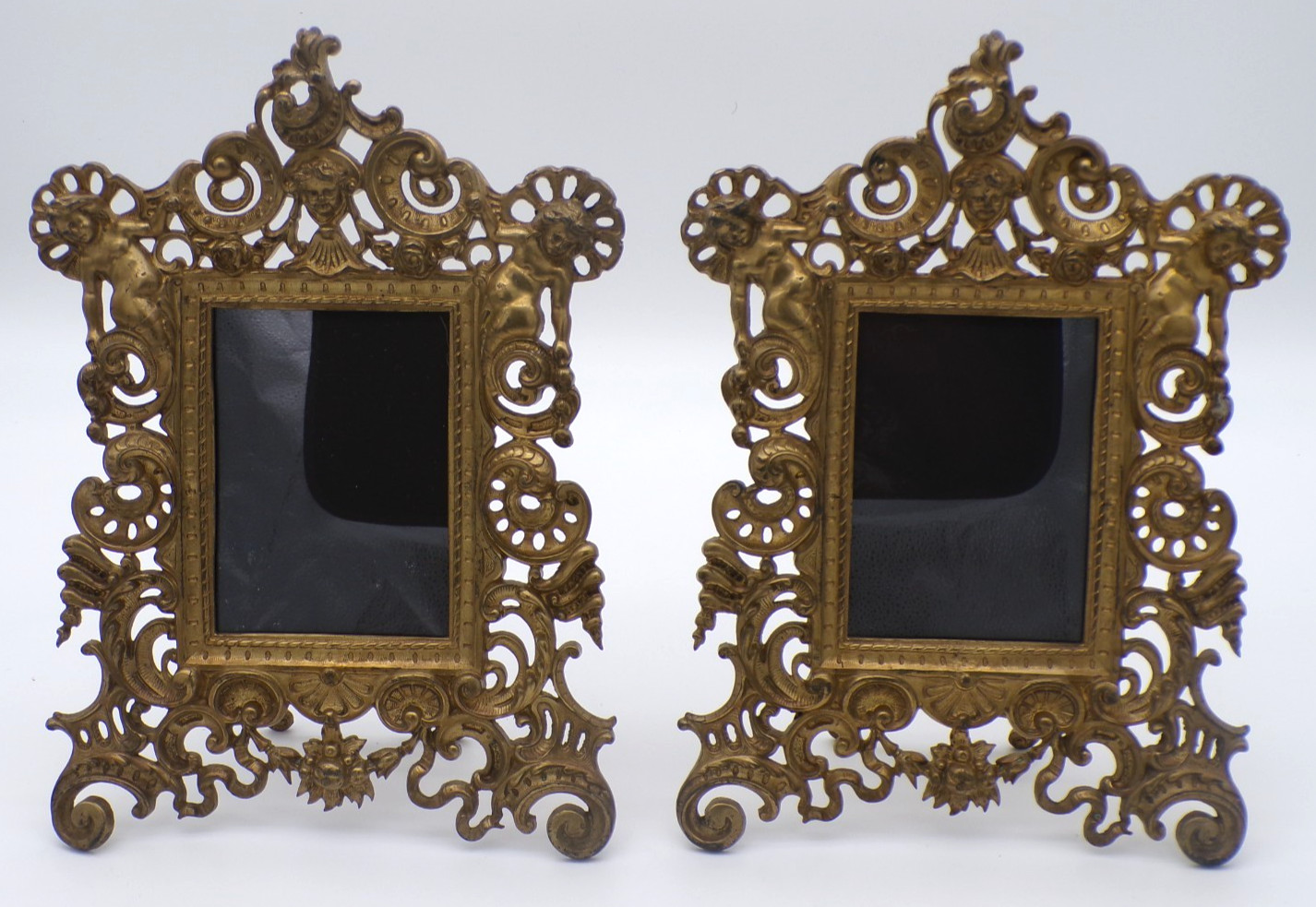 2 Antique Reticulated Scrollwork & Cupid Art Nouveau Brass Easel Picture Frame