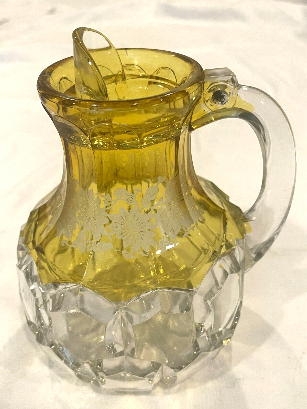 ANTIQUE 1880’S ETCHED YELLOW GLASS PEWTER TOP (MISSING) SYPRUP PITCHER-FREE SHIP