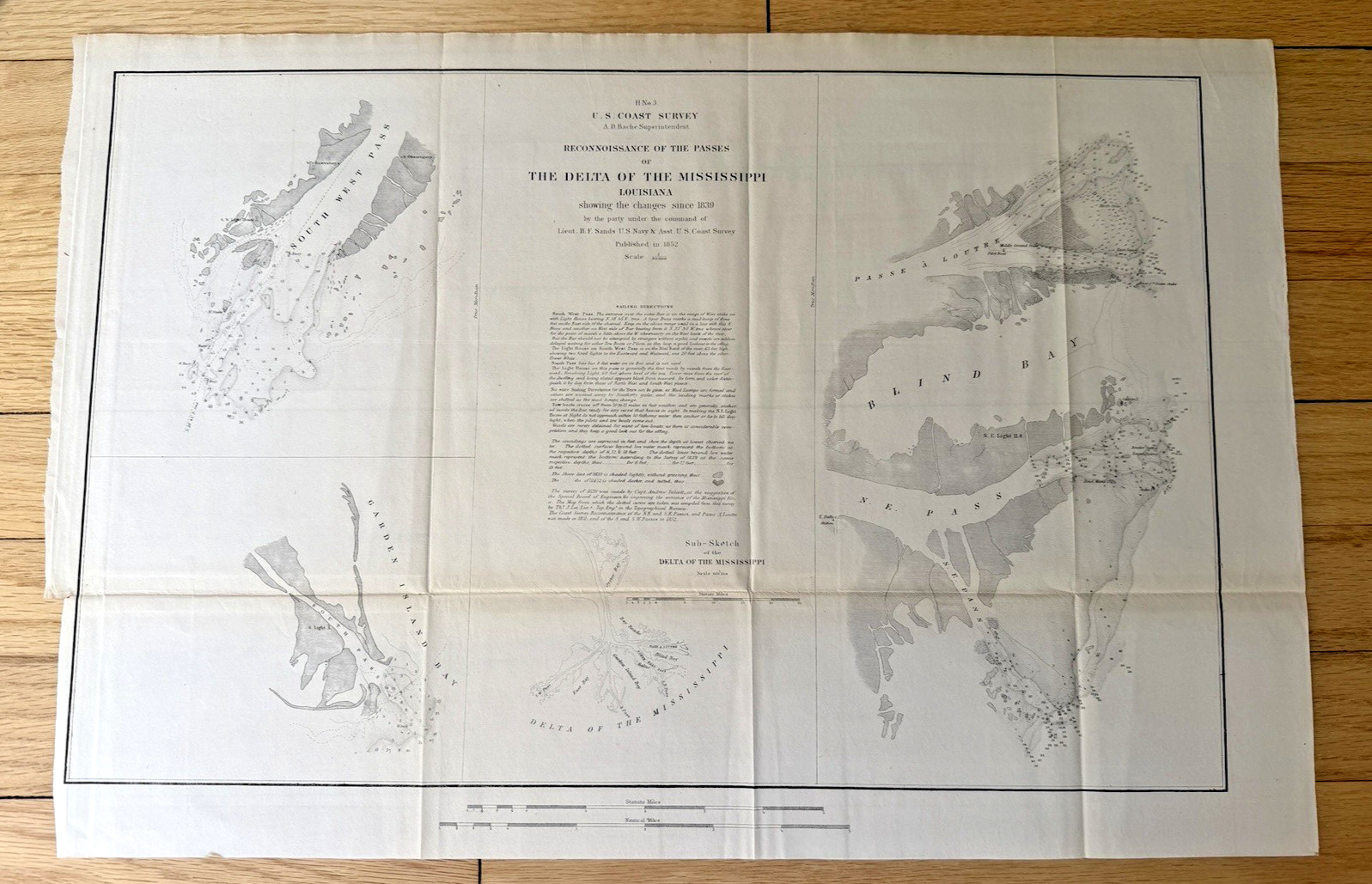 1852 B&W US Coast Survey map/chart Delta of Mississippi /Louisiana H #3