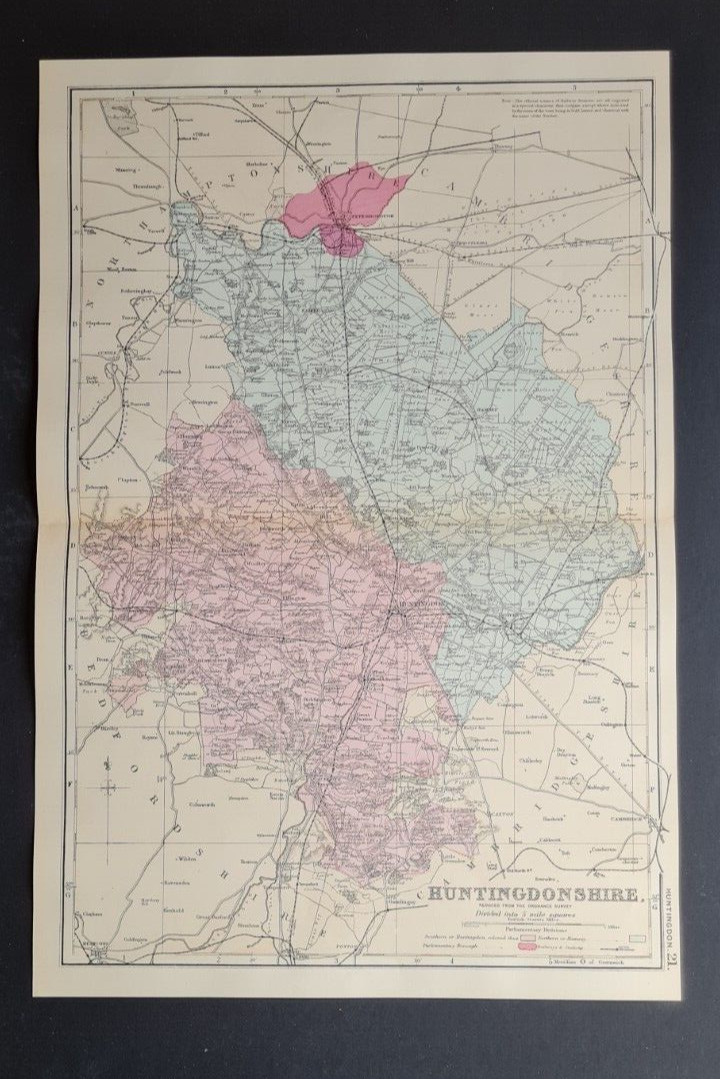 Large antique (1881) GW Bacon map – Huntingdonshire – Huntingdon