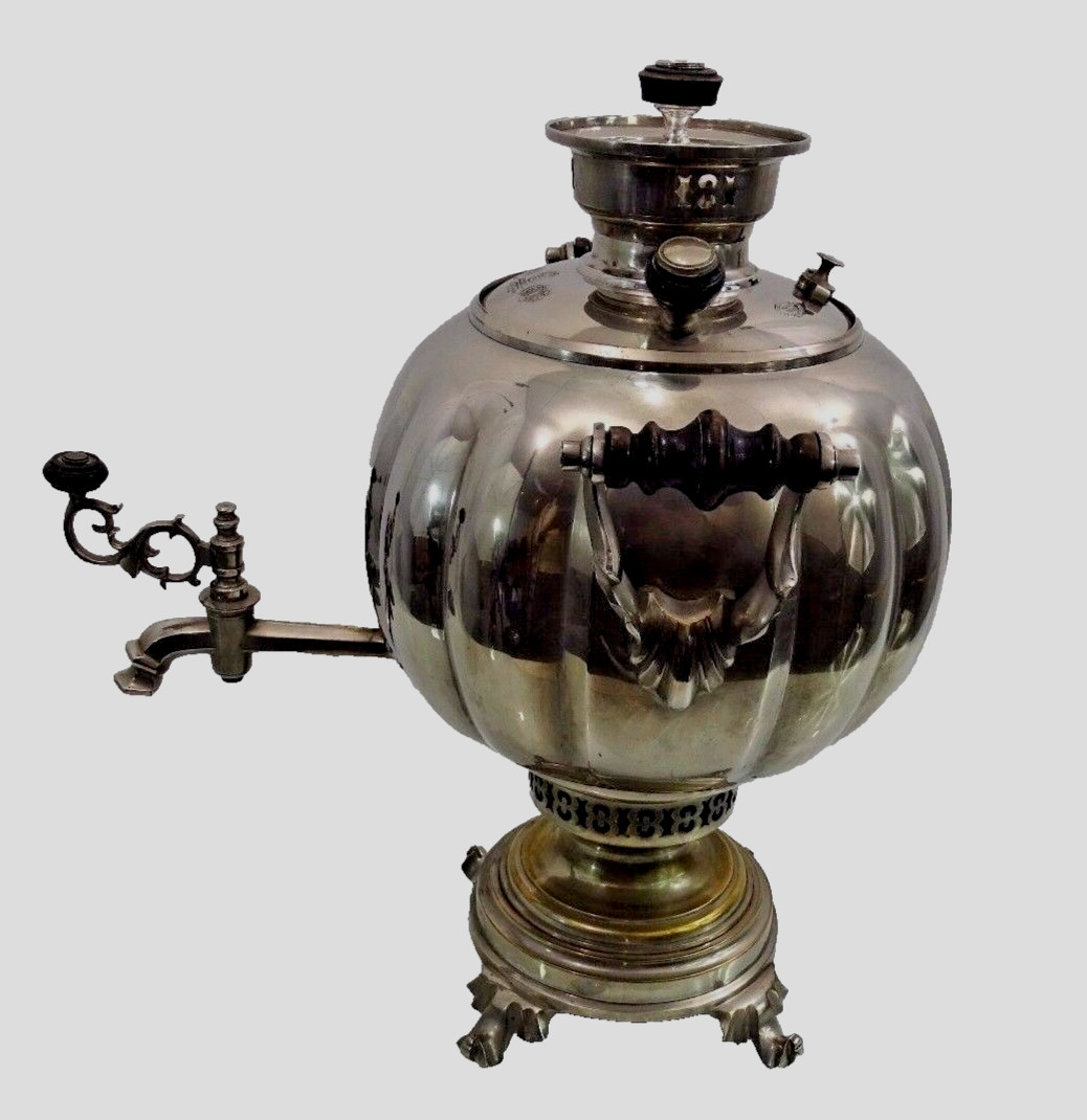 SUPER RARE FORM NICKEL PLATED ANTIQUE RUSSIAN SAMOVAR TEA POT IMPERIAL PERIOD