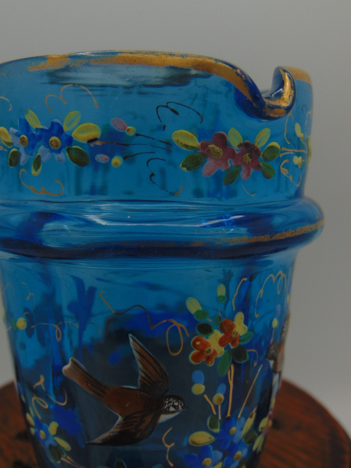 Antique Victorian Blue Topaz Hand Painted Floral Birds Art Glass Creamer Beaker