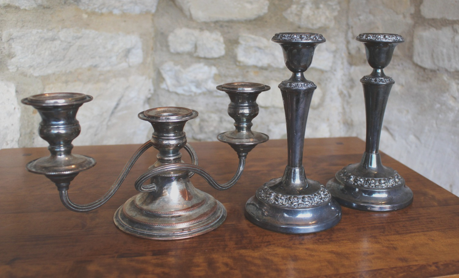 EP on copper 3 branch candle stick 10x5x4.5″ & 2 single candle stick 4″ dia x7″