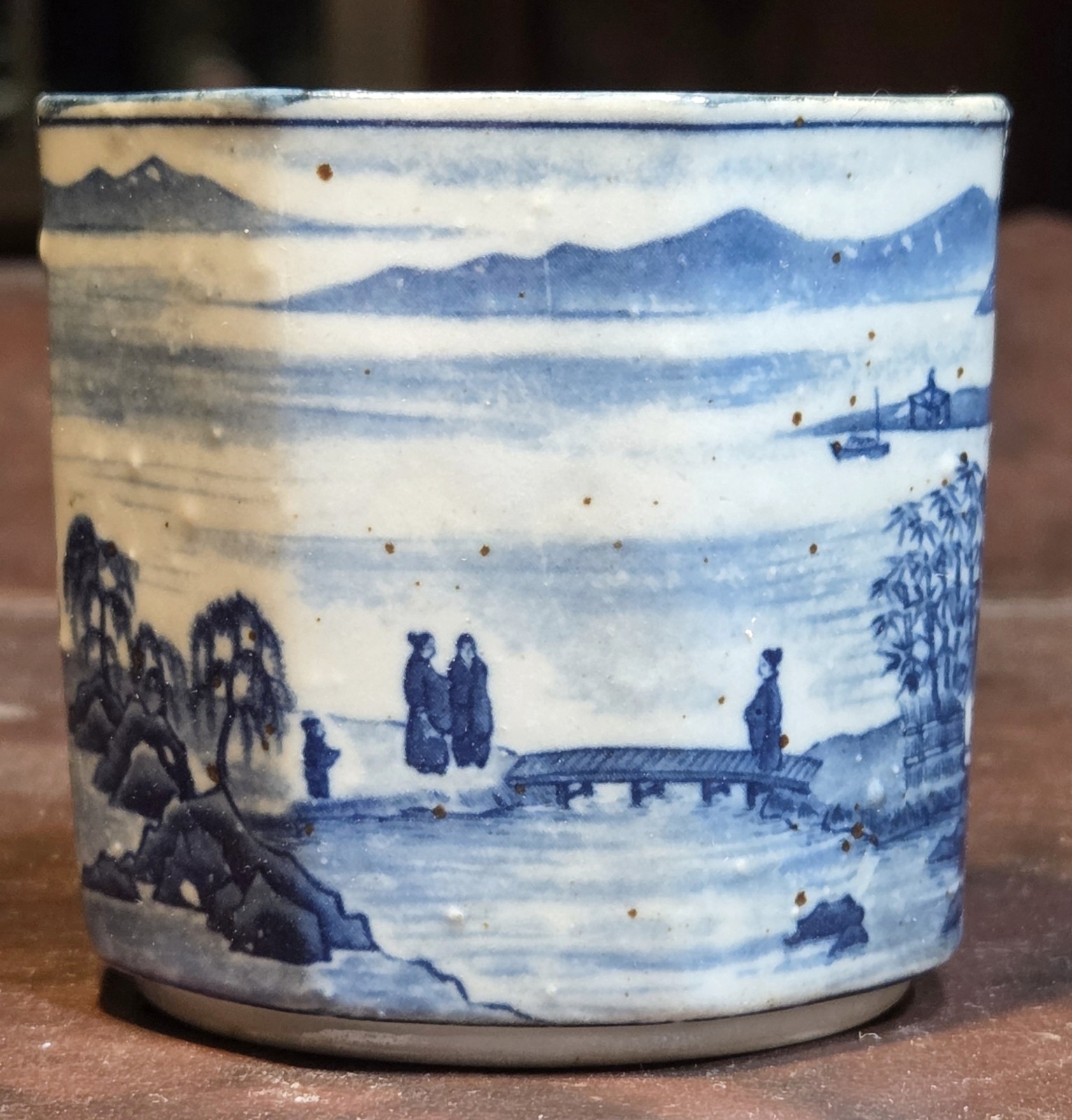 Antique Asian Blue White Transferware Landscape Brush Pot Desk Cachepot Octagon