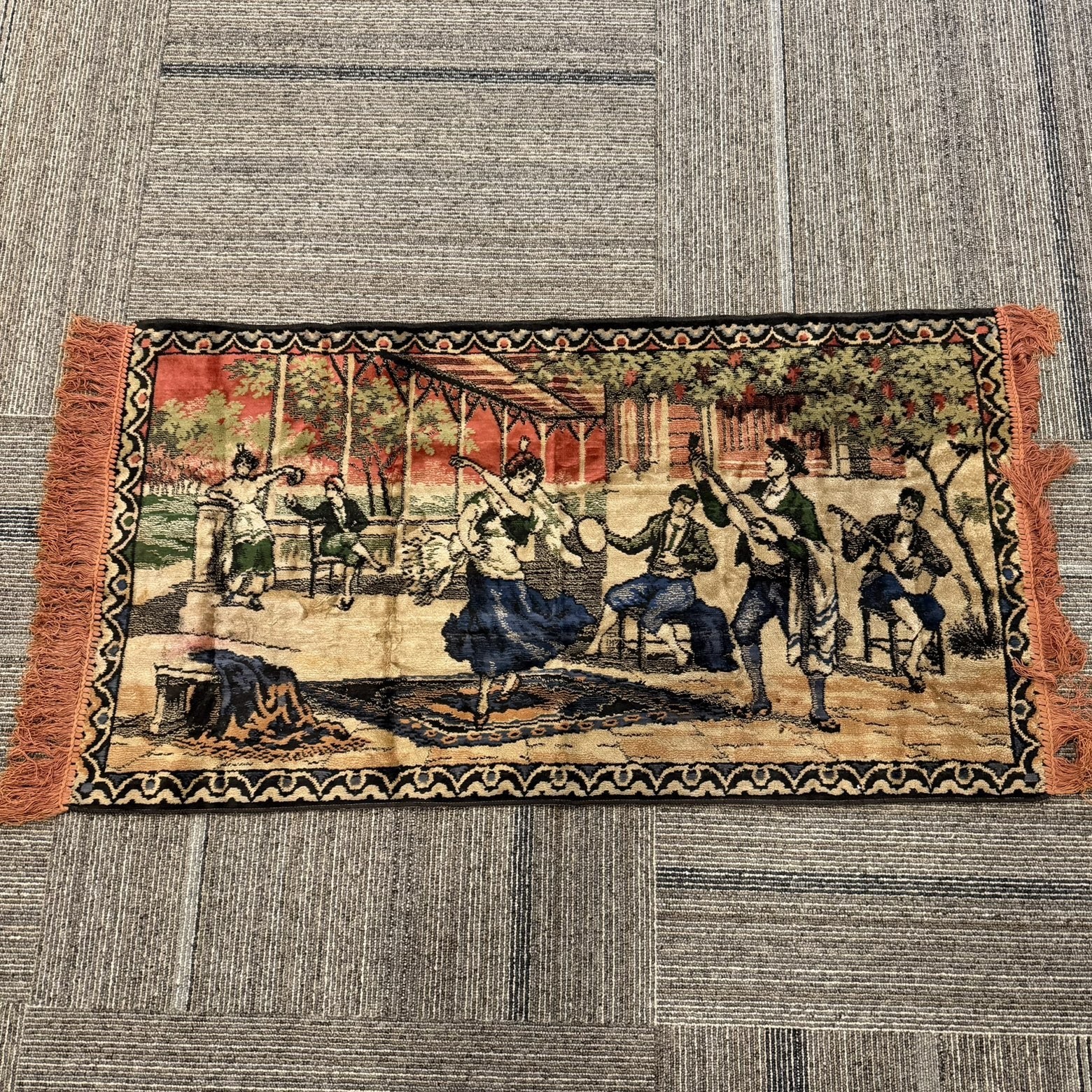 Vintage Tapestry Wall Hanging Spanish Flamenco Dancers Fringed 21”x41” Spain