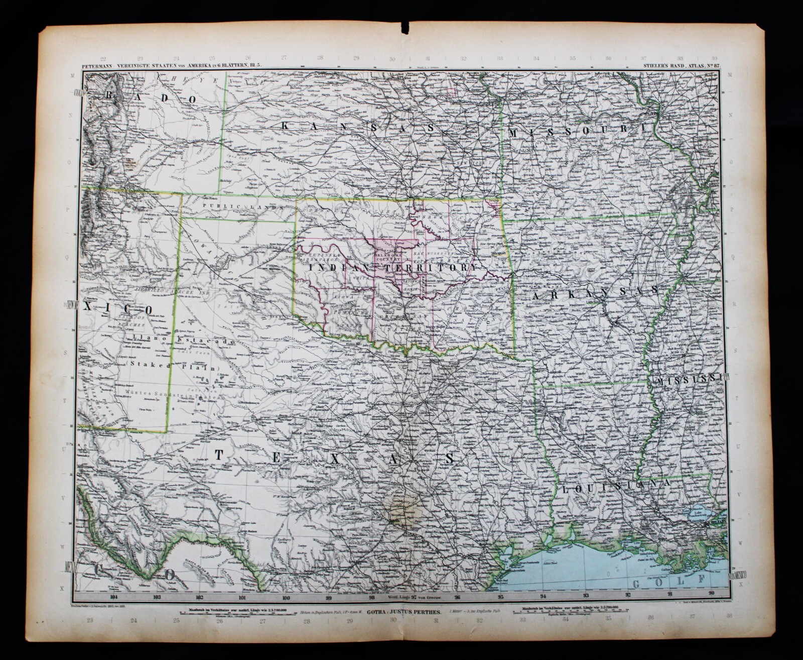 STIELERS HAND ATLAS WORLD MAP PLATE PAGE NO.87 SOUTH CENTRAL UNITED STATES 1888