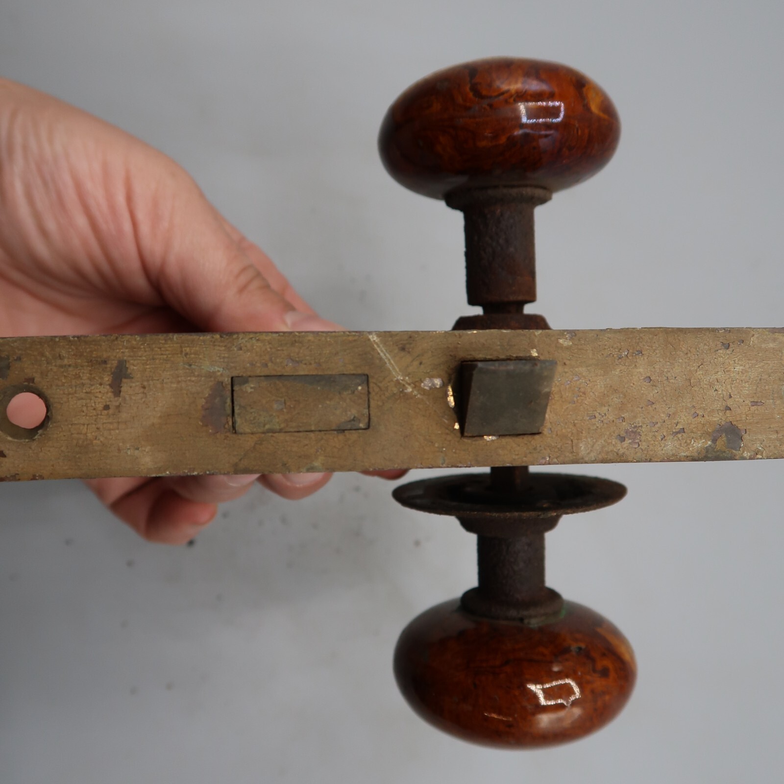 Antique Door Knob Lock Plate Lock Assembly Eastlake Style Brown Stone Marble