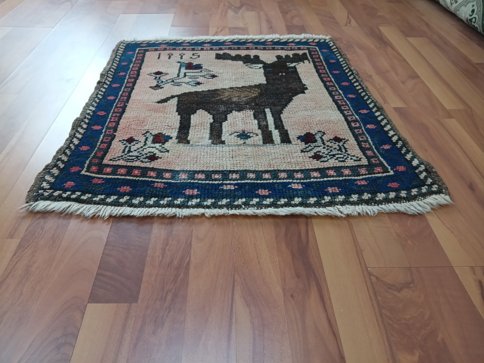 Vintage Deer Rug 3×3 Handmade Wool Anatolian Carpet Boho Tribal Rug
