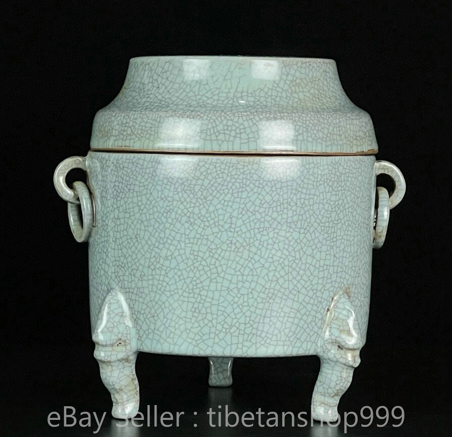 8″ Old Chinese Ru Kiln Sky Blue Glaze Porcelain Crackle 3 Leg 2 Ear Gift Box