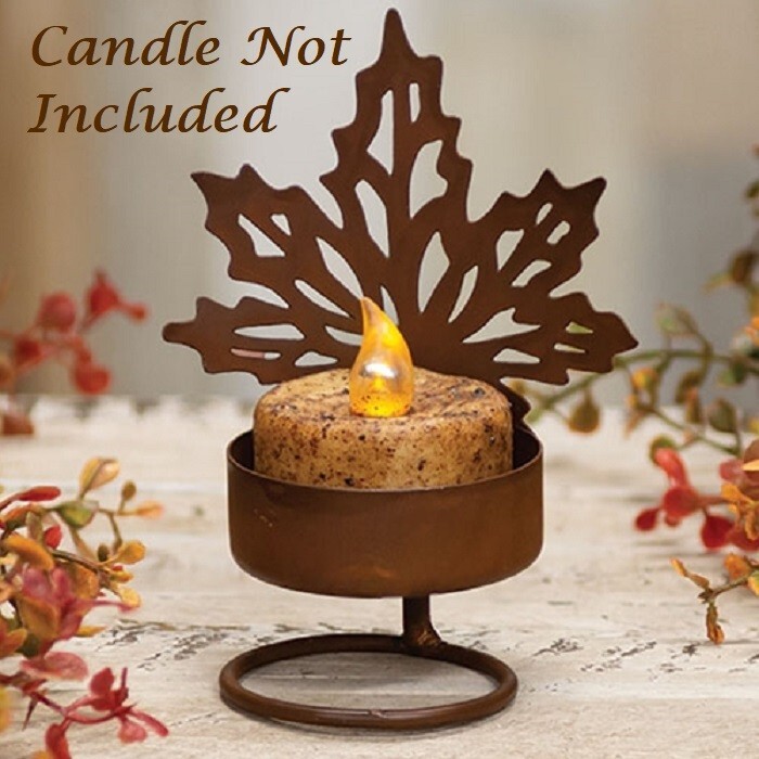 NEW Primitive FALL LEAF Tea Light Holder RUST Metal Rustic AUTUMN 4.25″T x3.25″W
