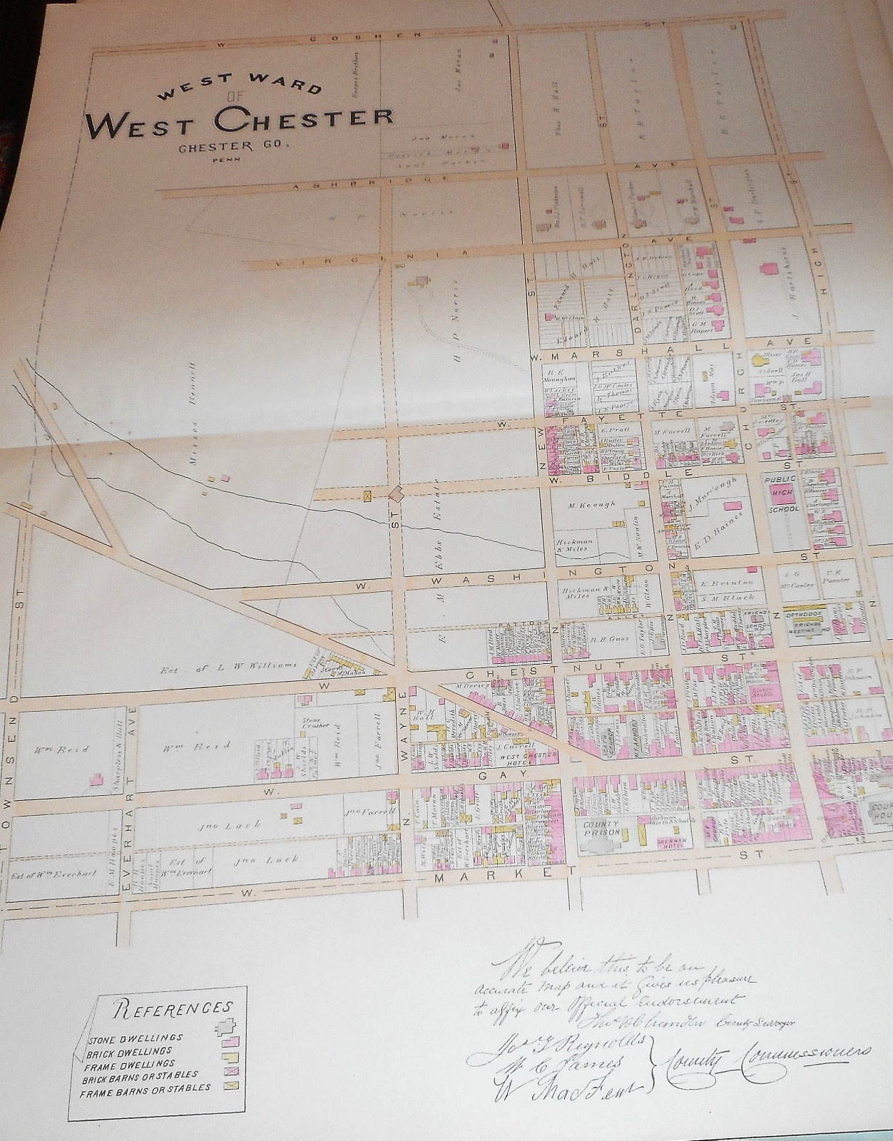 WEST WARD of WEST CHESTER CHESTER COUNTY 1883 LARGE COLOR MAP MARKET /GAY STREET