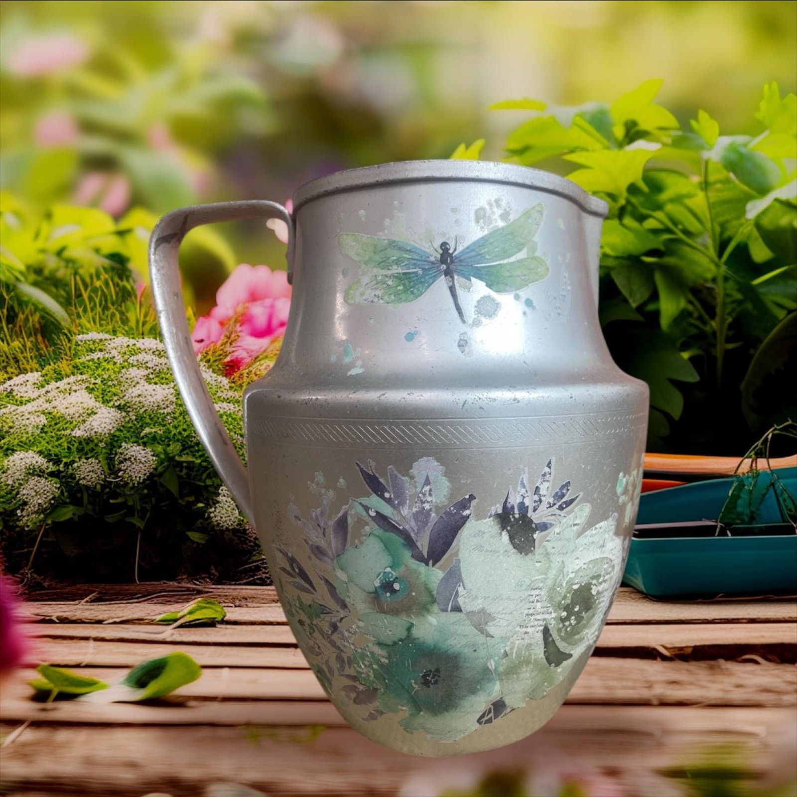 Vintage aluminum water pitcher with teal and purple accents, FREE SHIPPING.