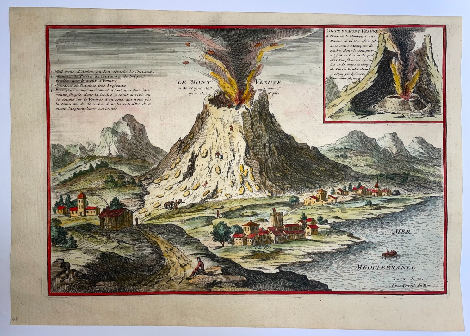 VESUVIUS IN ERUPTION ITALY 1705 NICOLAS DE FER NICE ANTIQUE VIEW 18TH CENTURY