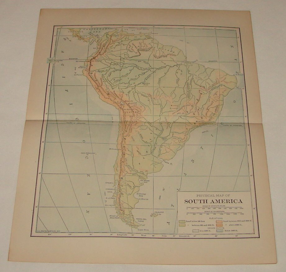 1918 map ~ Physical Map of SOUTH AMERICA
