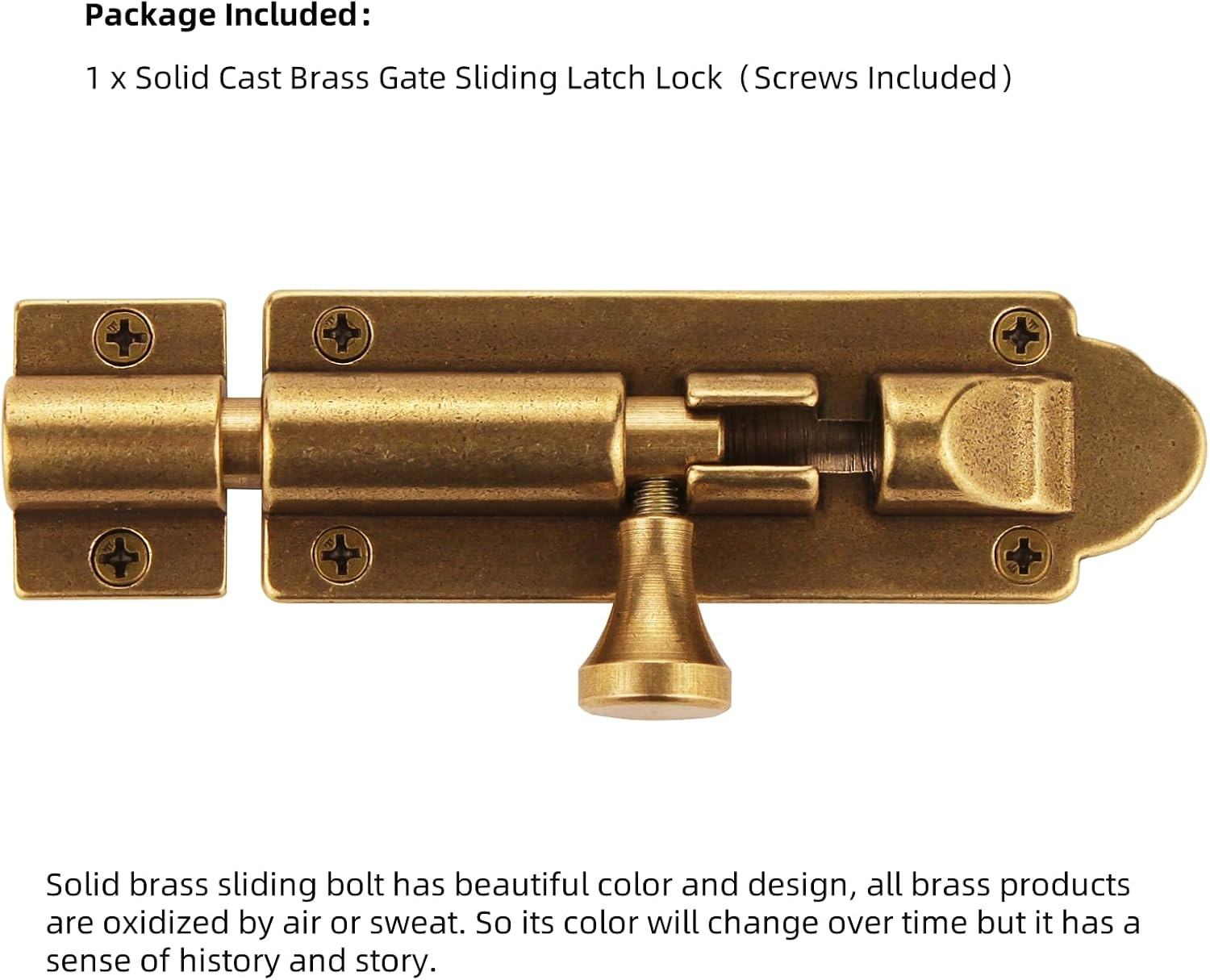 Solid Cast Brass Barrel Bolt, Antique Brass Door Slide Latch Lock, Heavy Duty Ga
