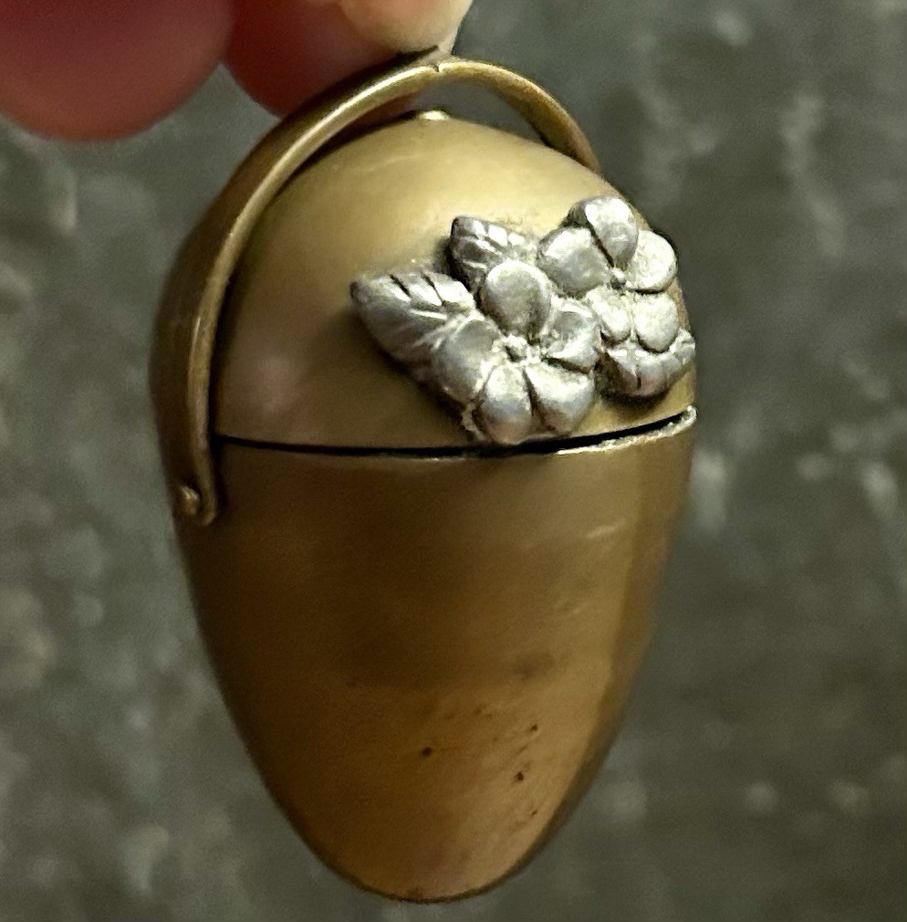 Victorian Brass Thimble Holder Sewing Egg 2″ Silver Flowers Chatelaine 1880s