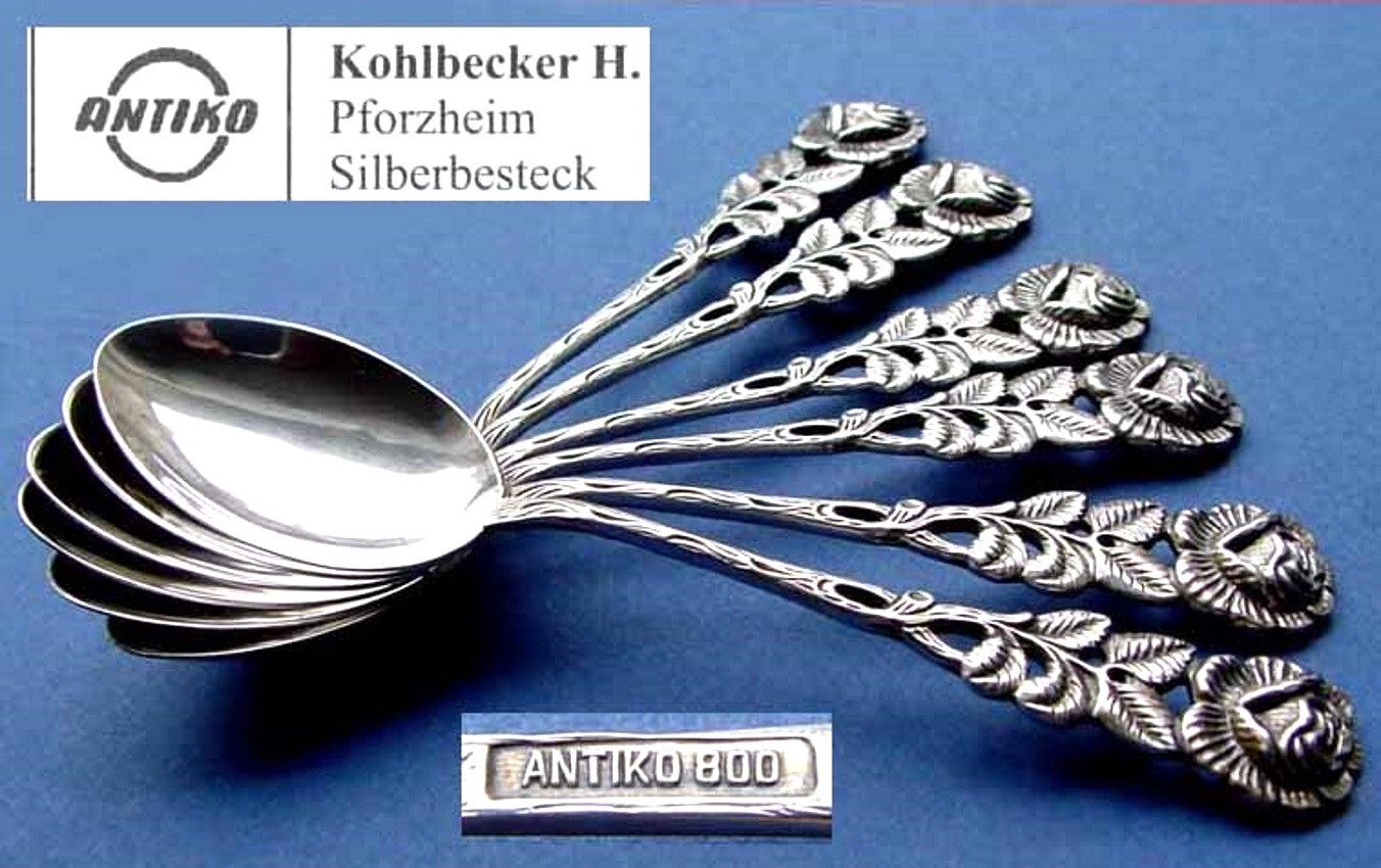 Set 6 Teaspoons/ Coffee Spoons/ Spoons ANTIKO Hildesheimer Rose 800 Silver B965