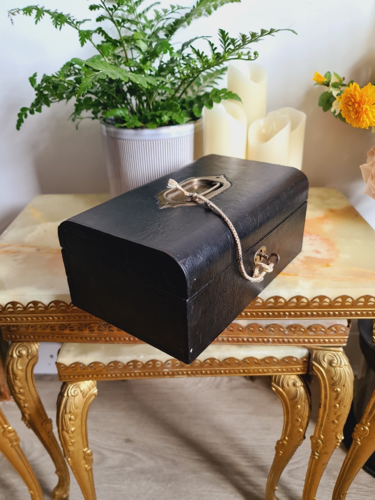 Antique Leather Trim Box Jewellery Trinket Case Victorian Black with Key