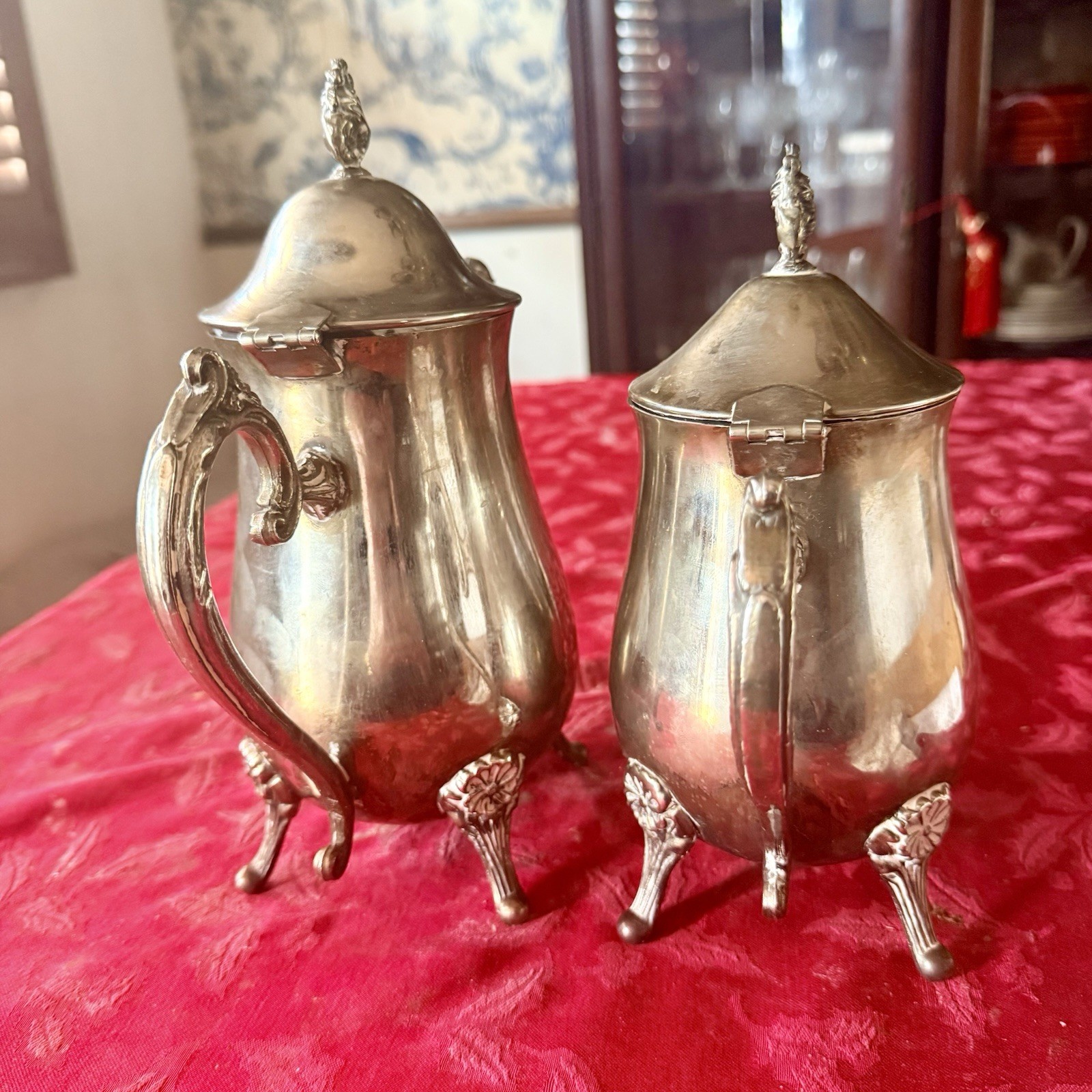 Silverplate Victorian Tea & Coffee Set Servers, Ornate Design Beverage Pitchers