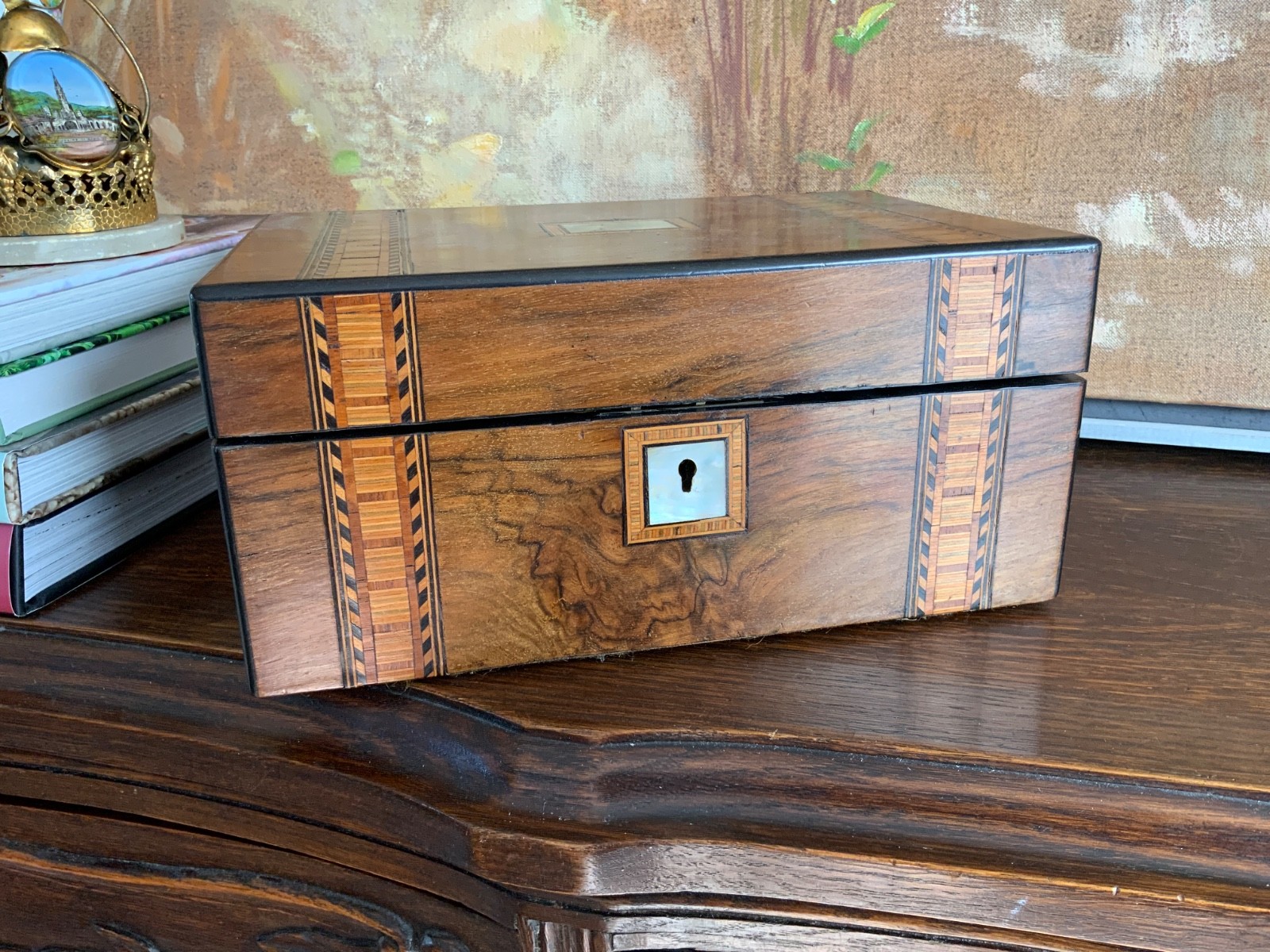 English 19th Century Victorian Inlaid Jewelry Box Desk Box Mother of Pearl