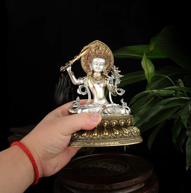 15CM Tibet Silver Plated Manjushri Buddha Copper Statue
