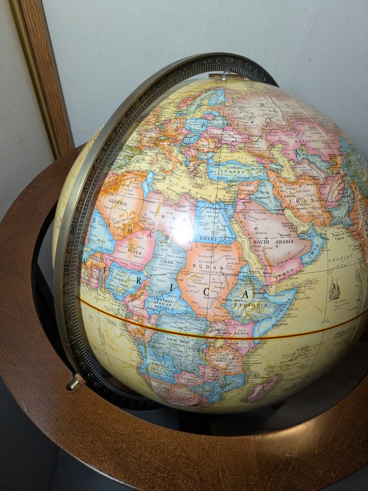 Replogle 16″ World Globe Floor Stand Cherry Wood Mission Base USA Brass 2000s