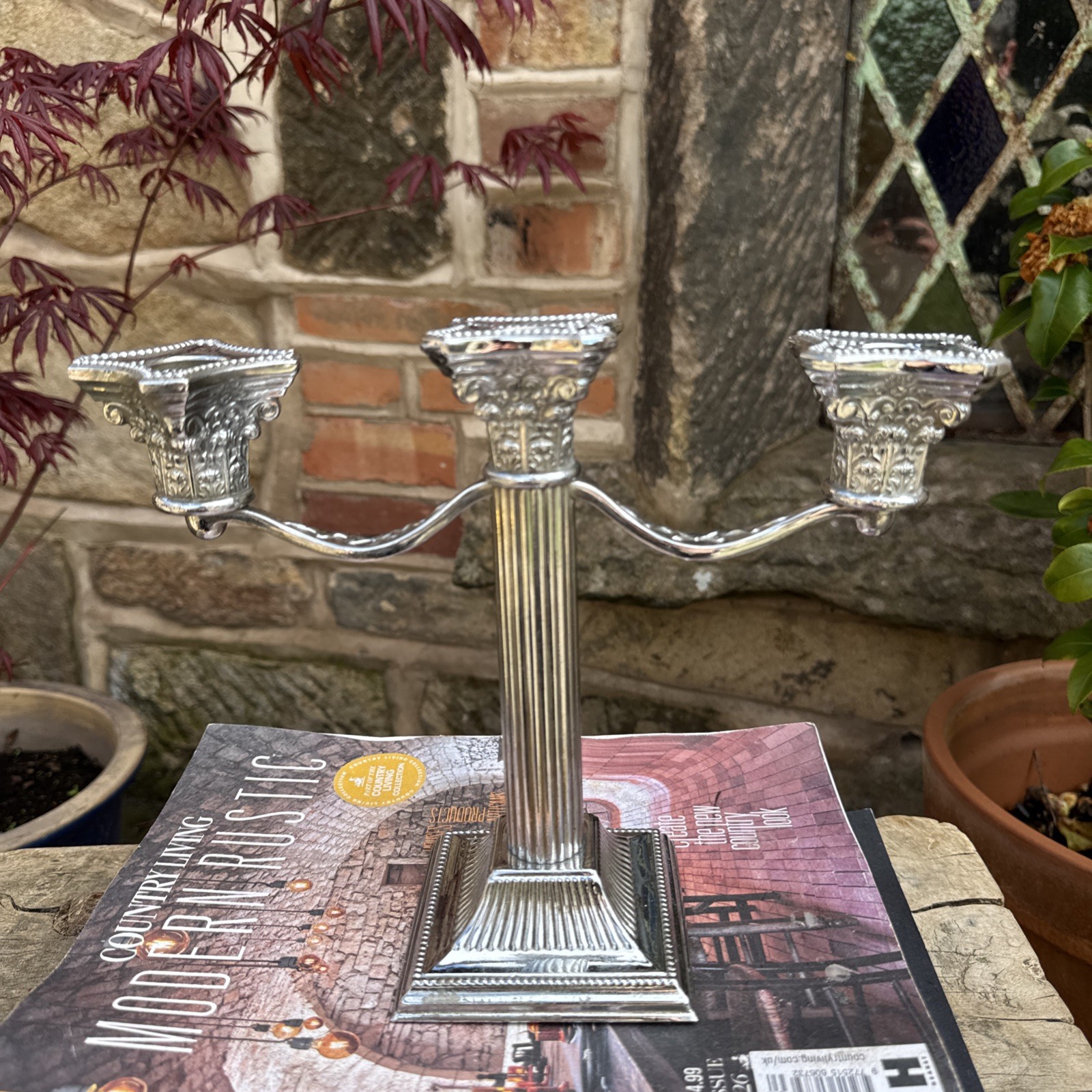 Vintage Candlestick Candelabra Silver Tone Ornate Gothic Design 3 Arm 20cm Tall