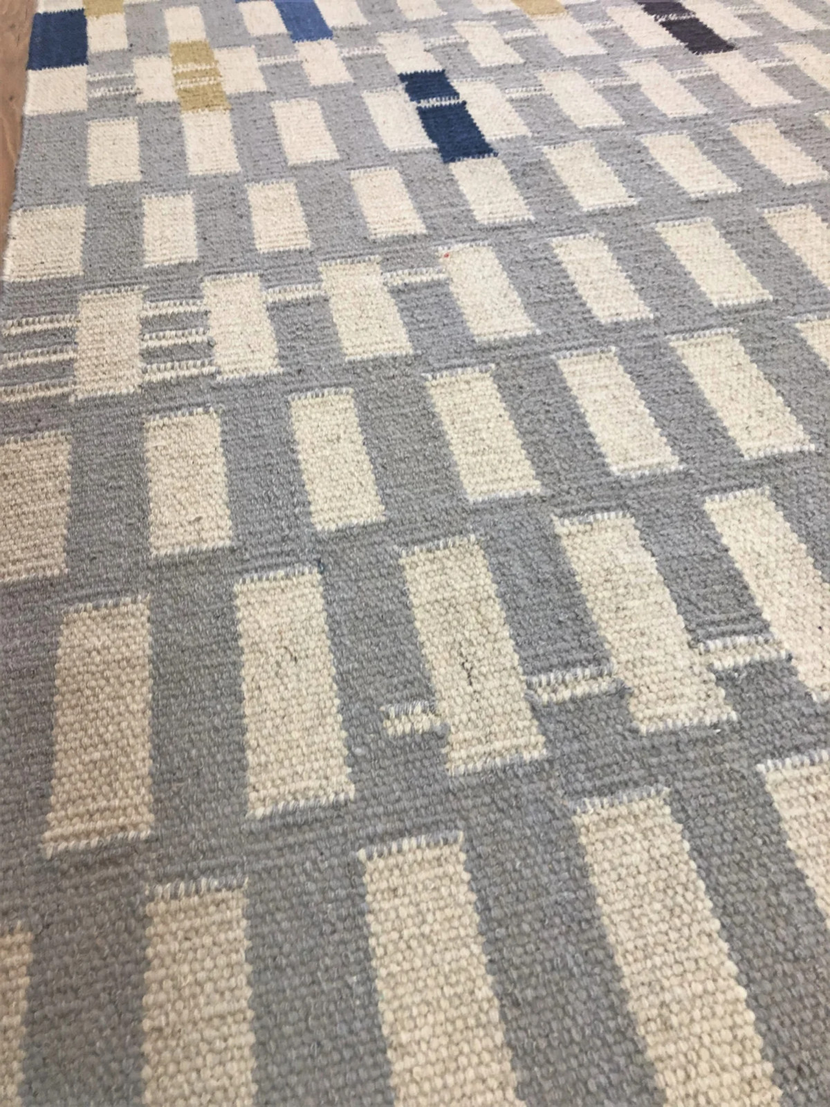 Unique Modern Contemporary Fun Green Blue Grey White Wool Flatweave Kilim 4 x 6