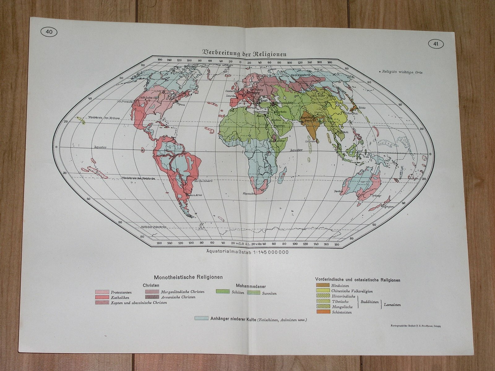 1937 ORIGINAL VINTAGE MAP OF THE WORLD RELIGIONS AMERICA AFRICA ASIA EUROPE