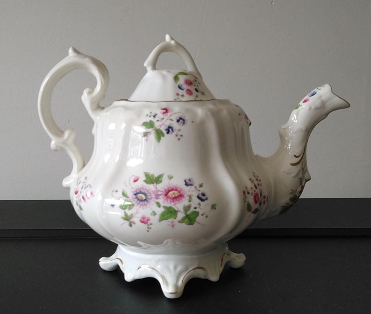 19th Century Staffordshire Louis Style Hand Painted Floral Tea Pot, c. 1840s
