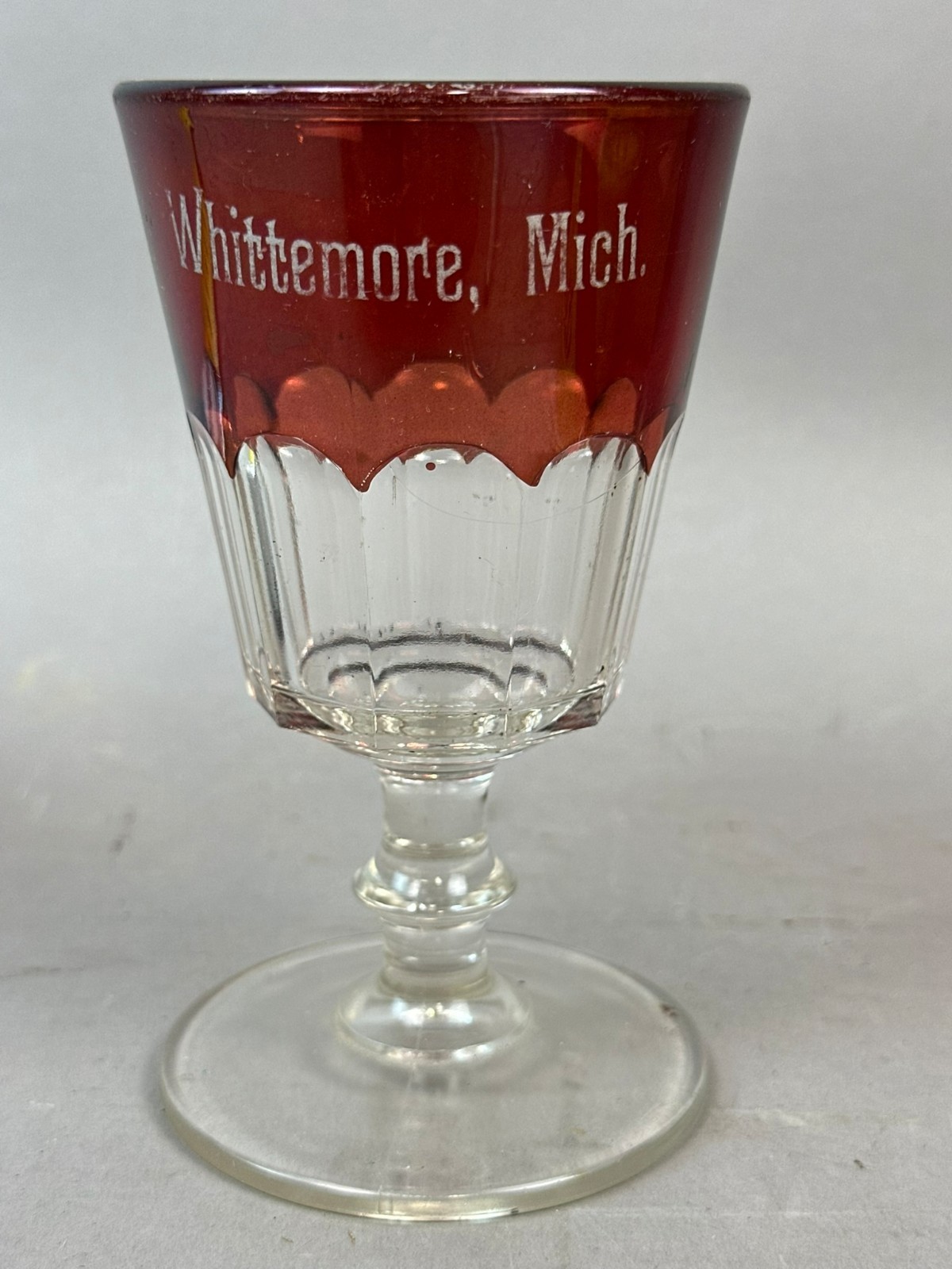 #708 Antique WHITTMORE Michigan Ruby Red Flash Souvenir Glass GOBLET