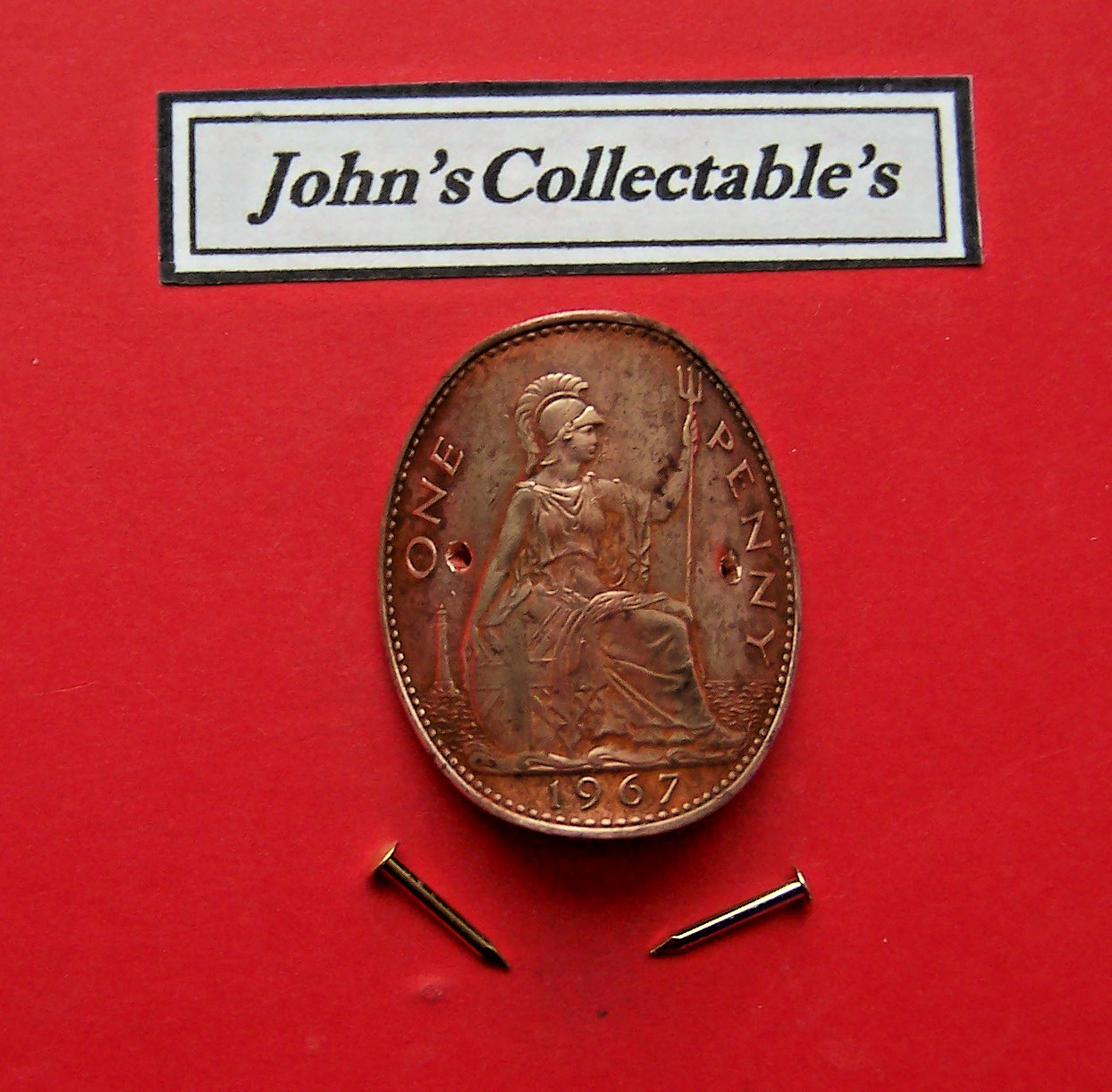 VINTAGE 1967 OLD ENGLISH PENNY WALKING STICK BADGE / MOUNT LOT W