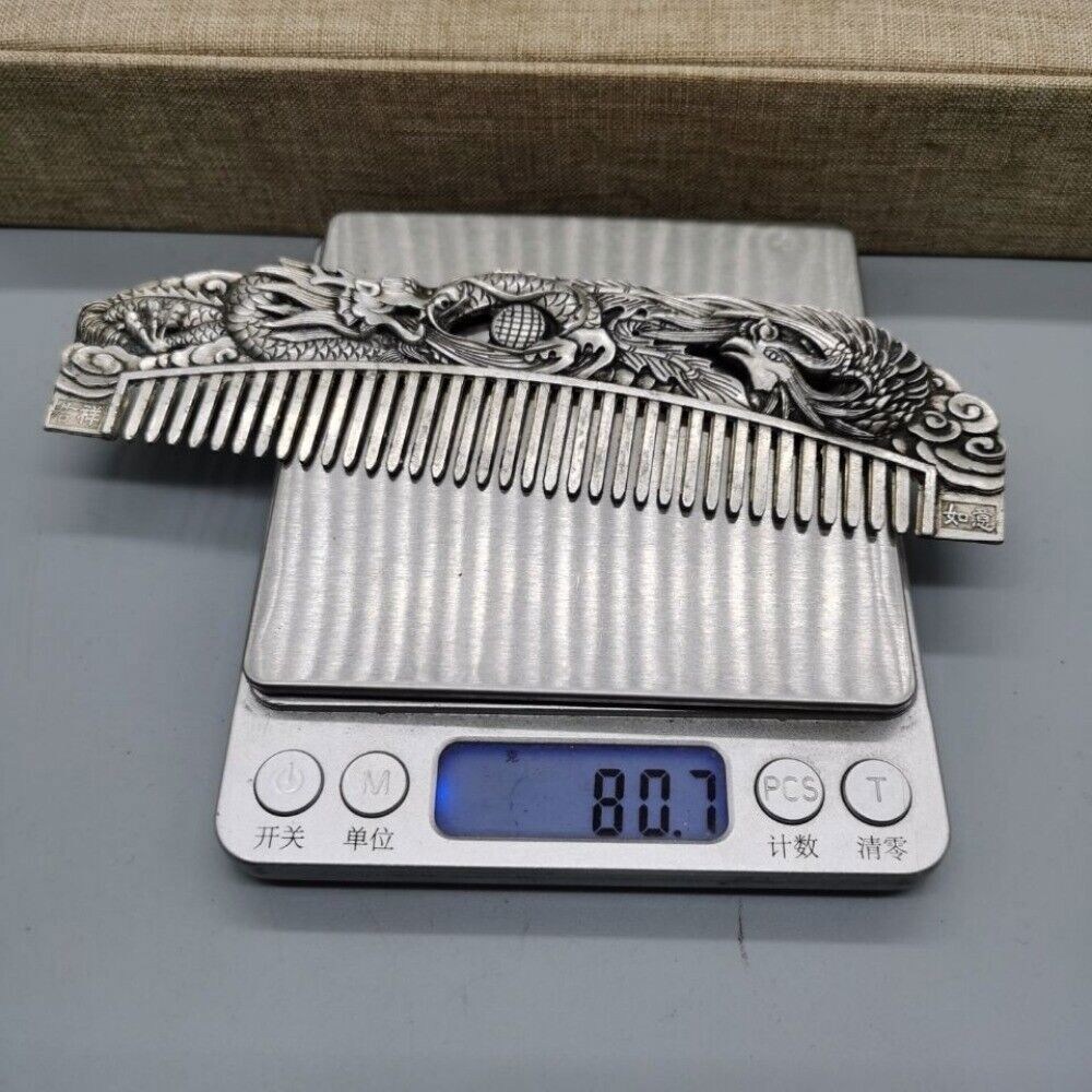 Old Chinese tibet silver handcarved Dragon Phoenix Comb statue f501