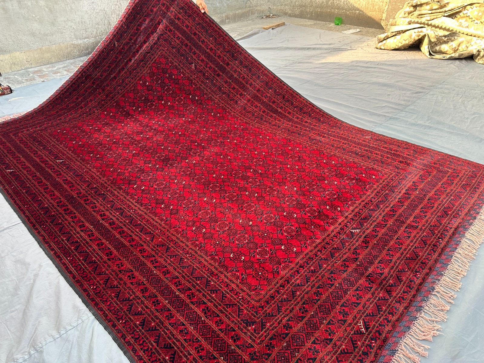 7×10 Antique Afghan Hand-Knotted Wool Rug Red Geometric Pattern Living Room Rug