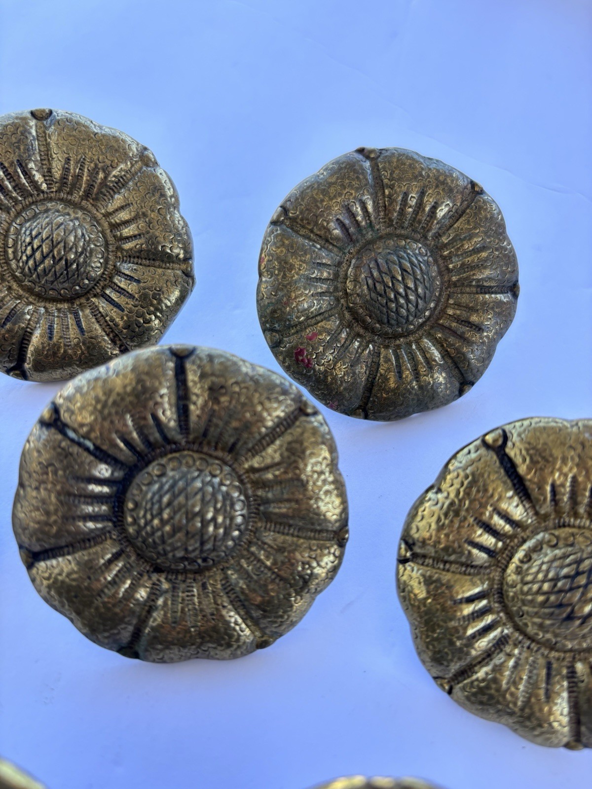 Vintage Solid Brass Flower Drawer Pulls Set Of 7 Made in Portugal Large 2-1/4”