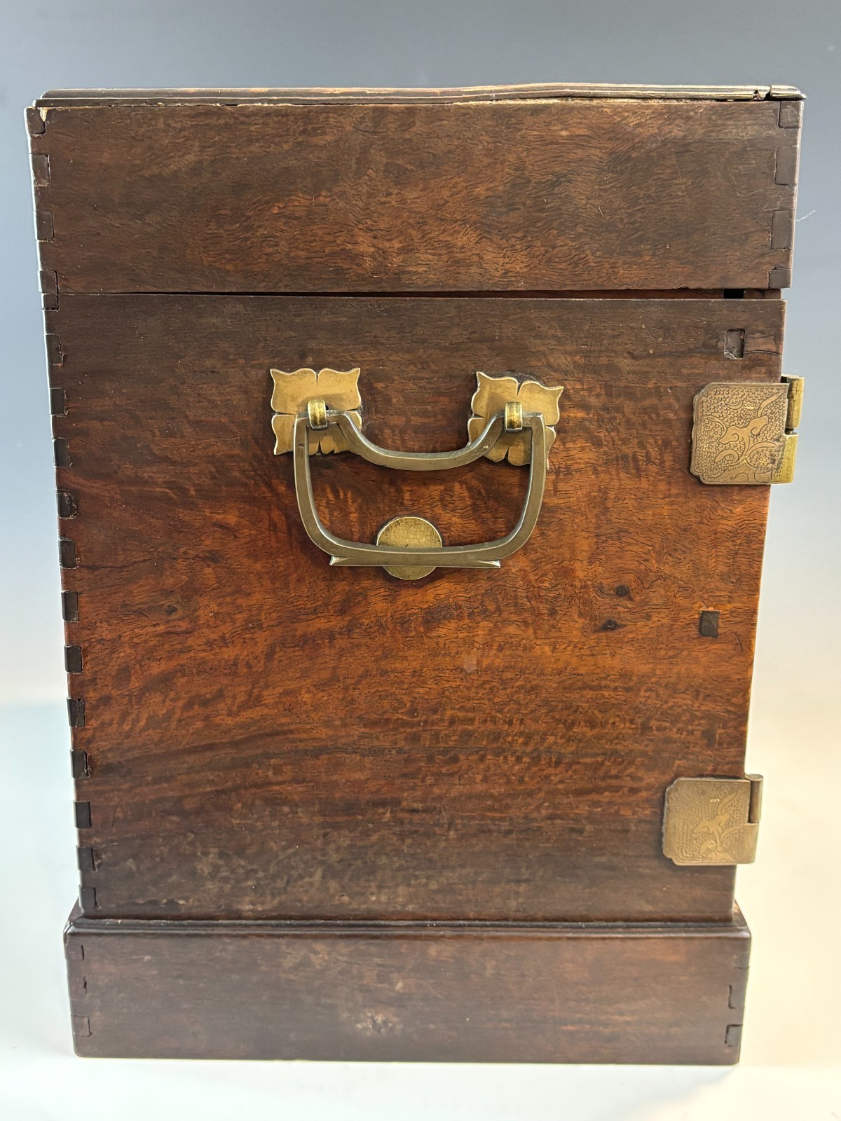 Antique Chinese Inlaid Hardwood Jewelry Cabinet c1900 w Original Bar Lock & Key