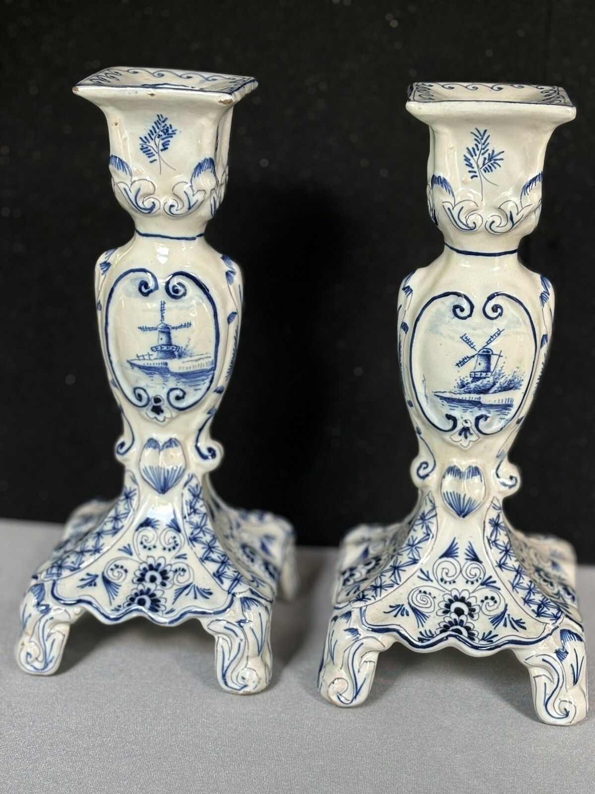 Pair Dutch Blue and White Painted Faience Delft Candle Holders 10”