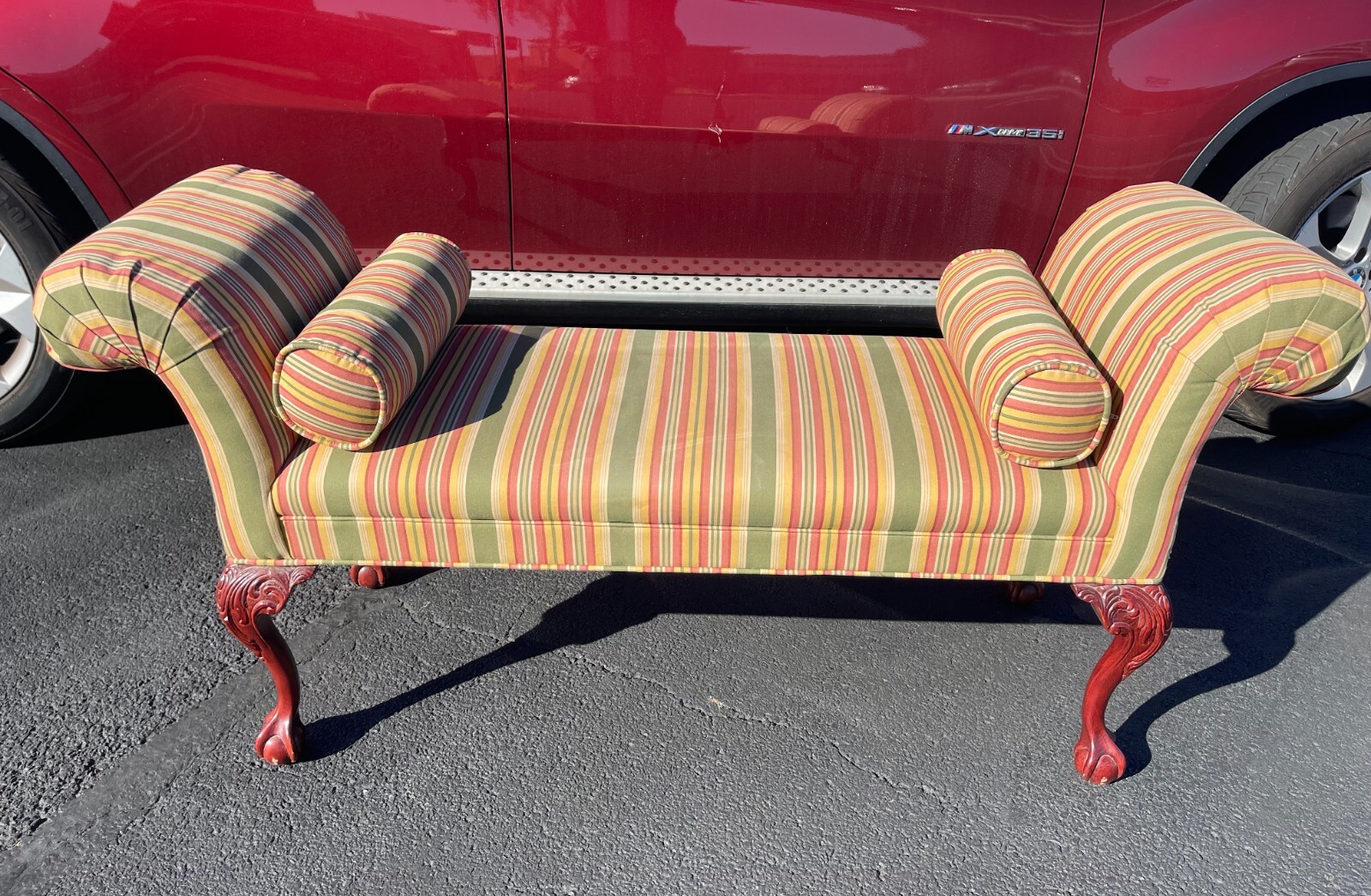 Queen Anne Roll Arm Bench with Wooden Claw & Ball Foots