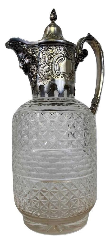 Antique Victorian Silver Plate Cut Crystal Figural Pitcher Wine Bottle Carafe