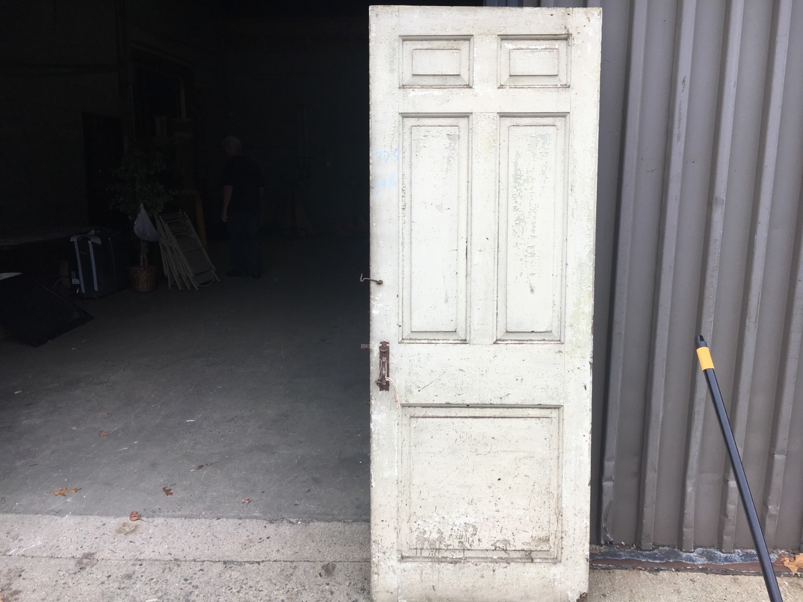 c1830 Raised panel door old crusty paint 77.5″ x 29″ – five panel old hardware-A