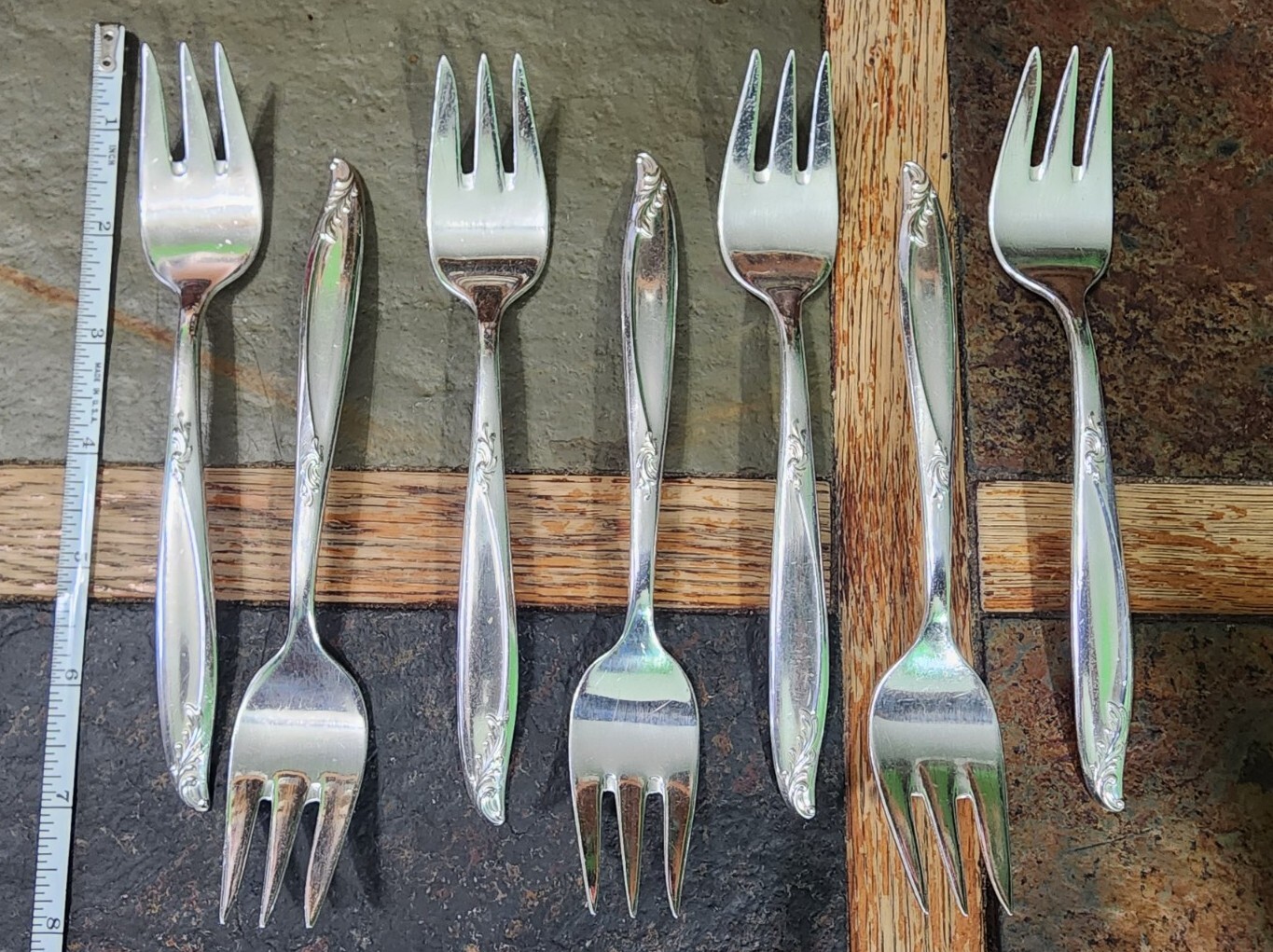 ✅ LOT OF 7 MID CENTURY c1958 WOODSONG SILVERPLATED “6 5/8” SALAD 🥗🍅 FORKS