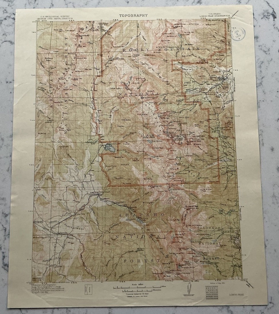 ANTIQUE LONGS PEAK COLORADO GEOLOGICAL SURVEY TOPOGRAPHICAL MAP 1915 USGS