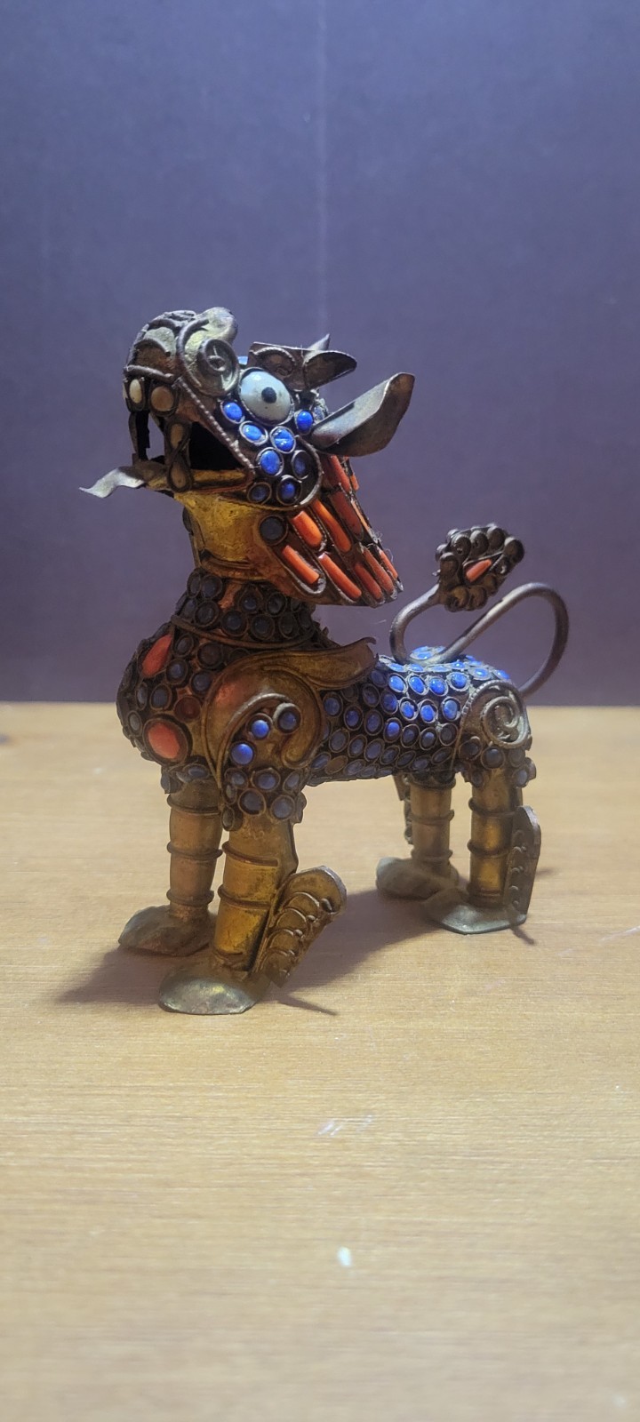 Small Tibetan Brass Kylin Foo Dog Statue w/ Turquoise & Coral Figurine