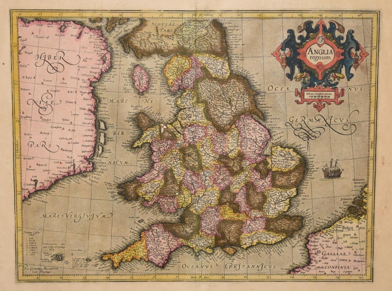 Original Antique Engraved Early Rare Map Anglia Regnum England 1595 Mercator
