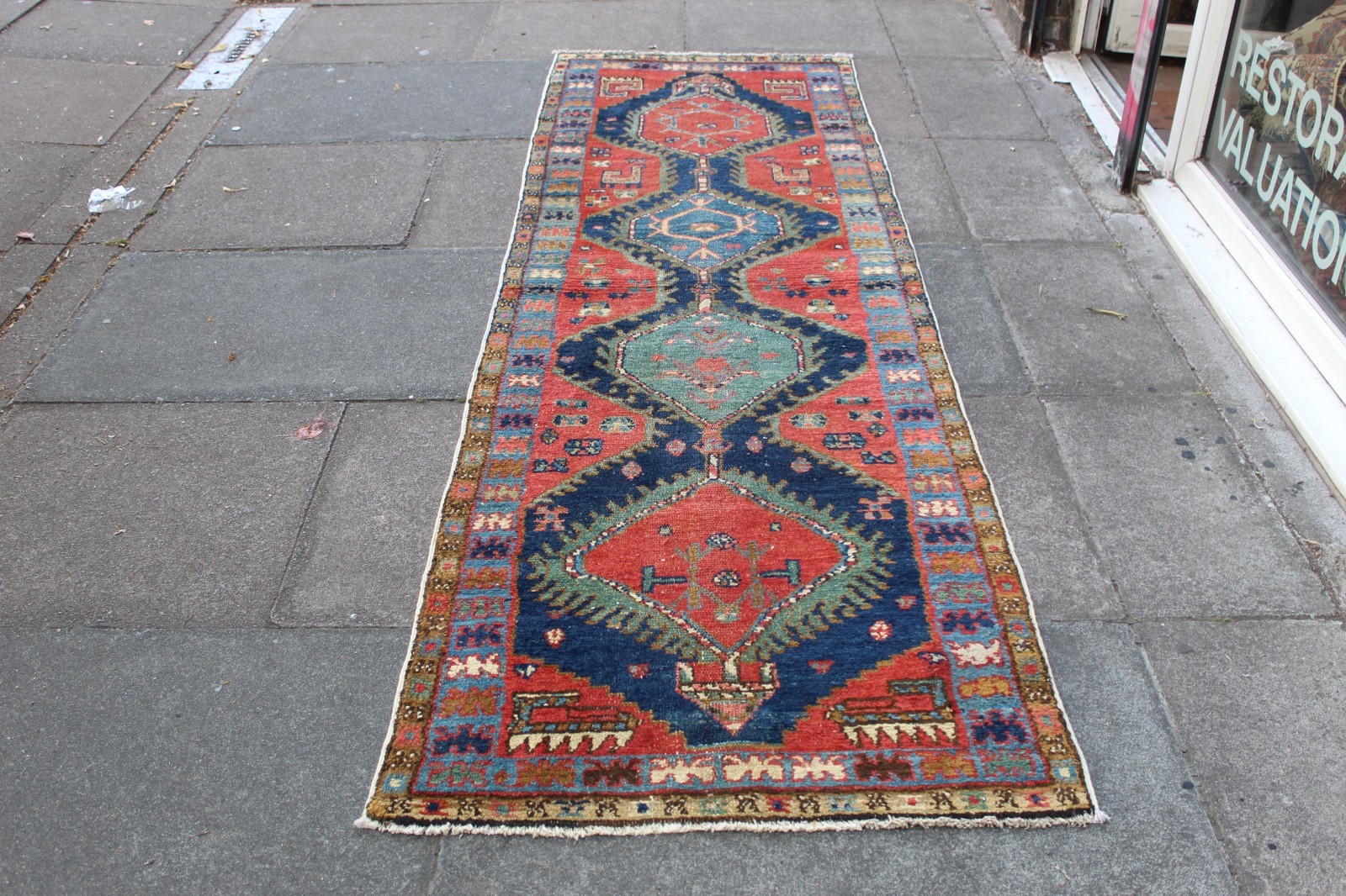 Antique Worn Hand Made Traditional Oriental Wool Blue Red Long Runner 280x86cm
